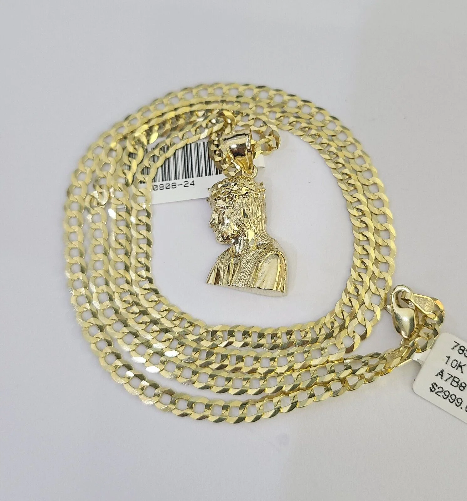10k Gold Cuban Curb Chain Jesus Head Charm Solid 4mm 18"-28" SET Necklace - Image 4