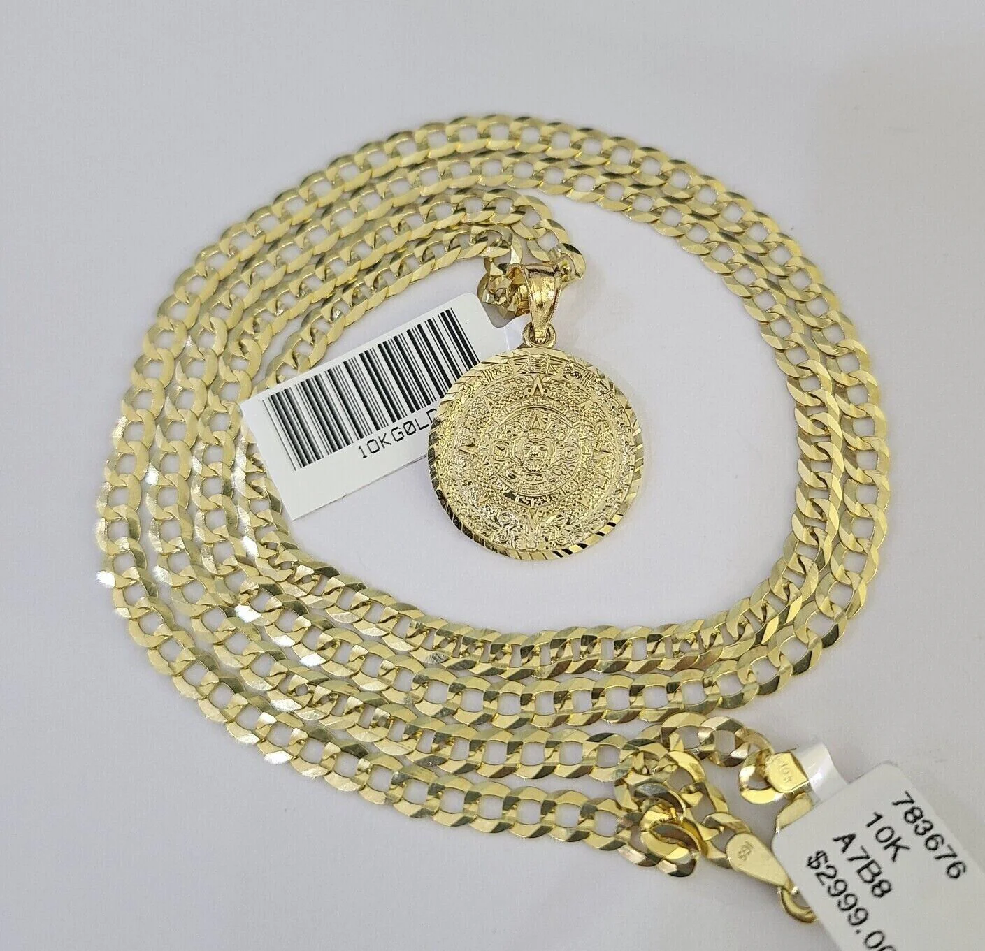 10k Gold Cuban Curb Chain Mayan Calendar Charm Solid 4mm 18"-28" SET Necklace - Image 3