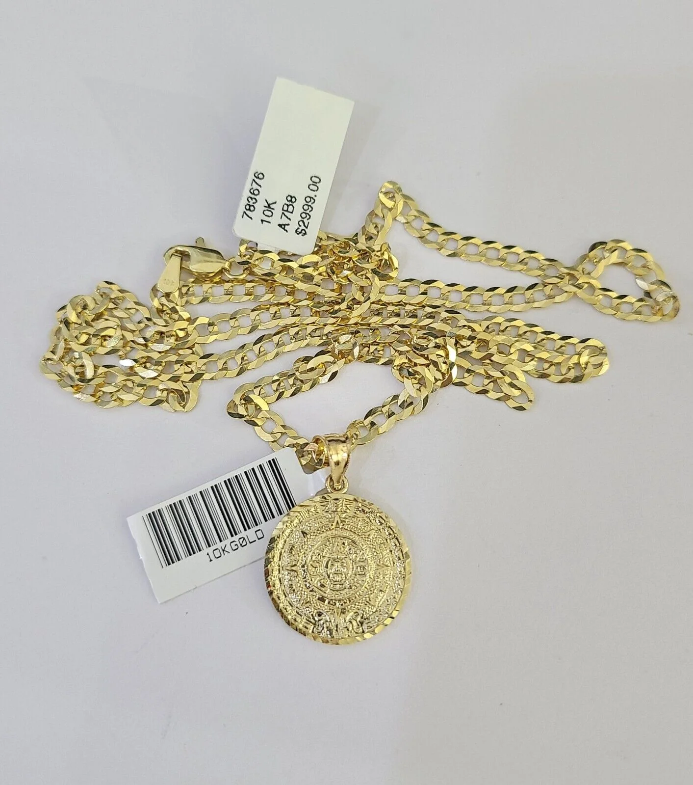 10k Gold Cuban Curb Chain Mayan Calendar Charm Solid 4mm 18"-28" SET Necklace - Image 5