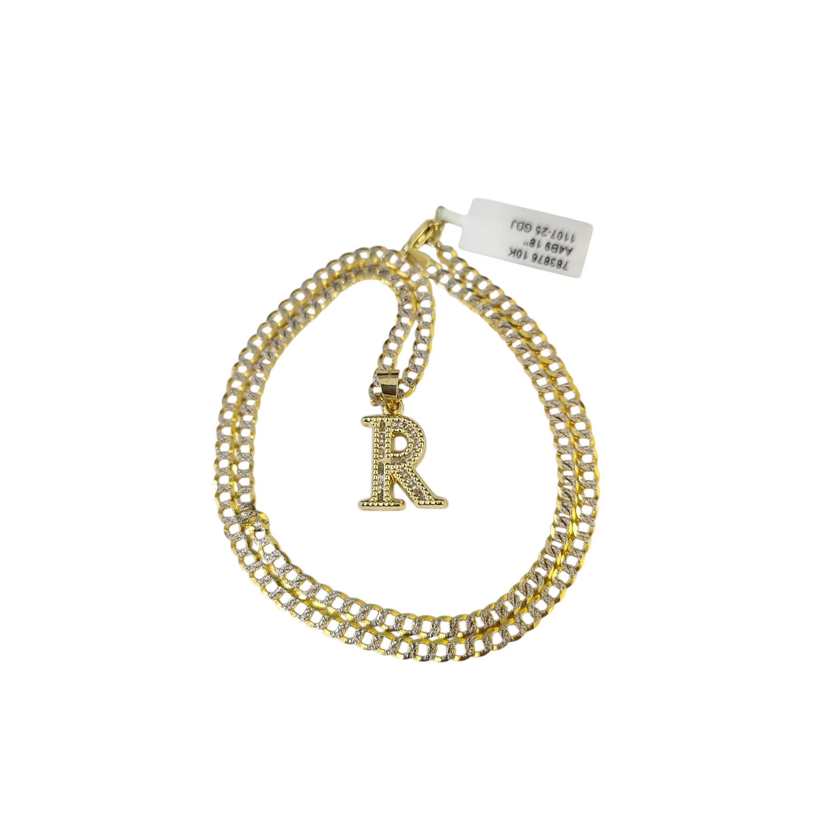 10k Gold Cuban Curb Chain Necklace R Initial Alphabet Pendant Charm 3mm Necklace - Image 7
