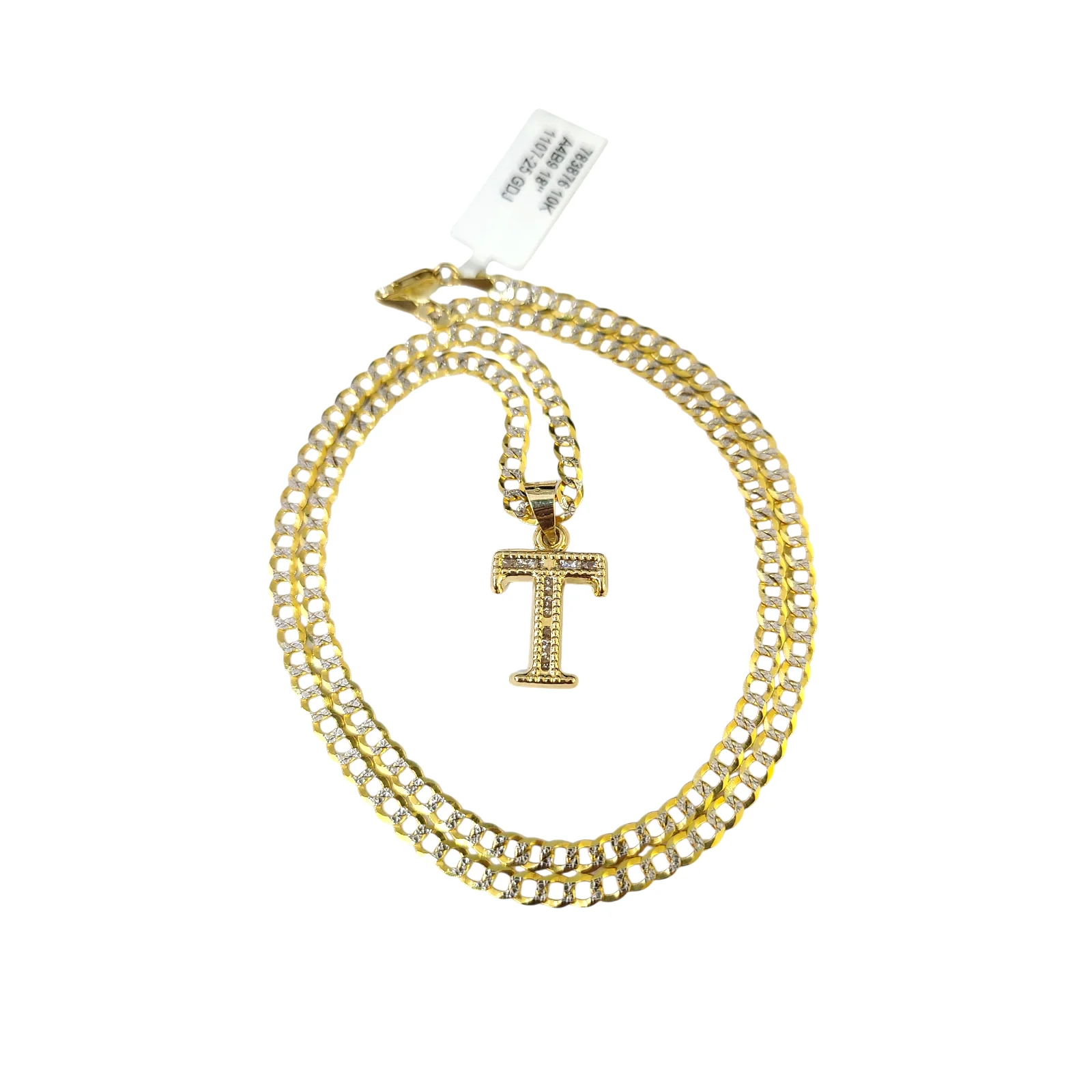 10k Gold Cuban Curb Chain Necklace T Initial Alphabet Pendant Charm 3mm Necklace - Image 2