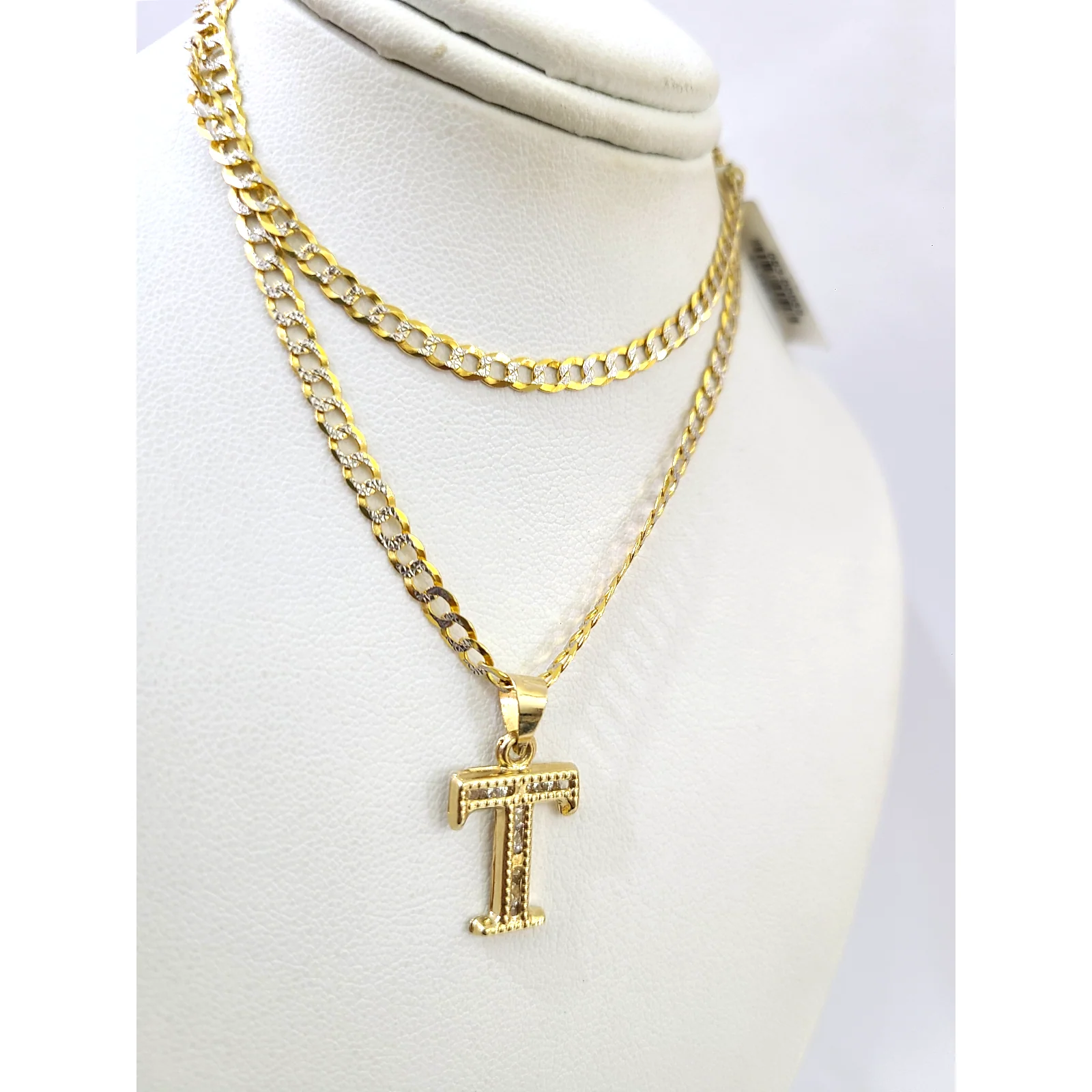 10k Gold Cuban Curb Chain Necklace T Initial Alphabet Pendant Charm 3mm Necklace - Image 3