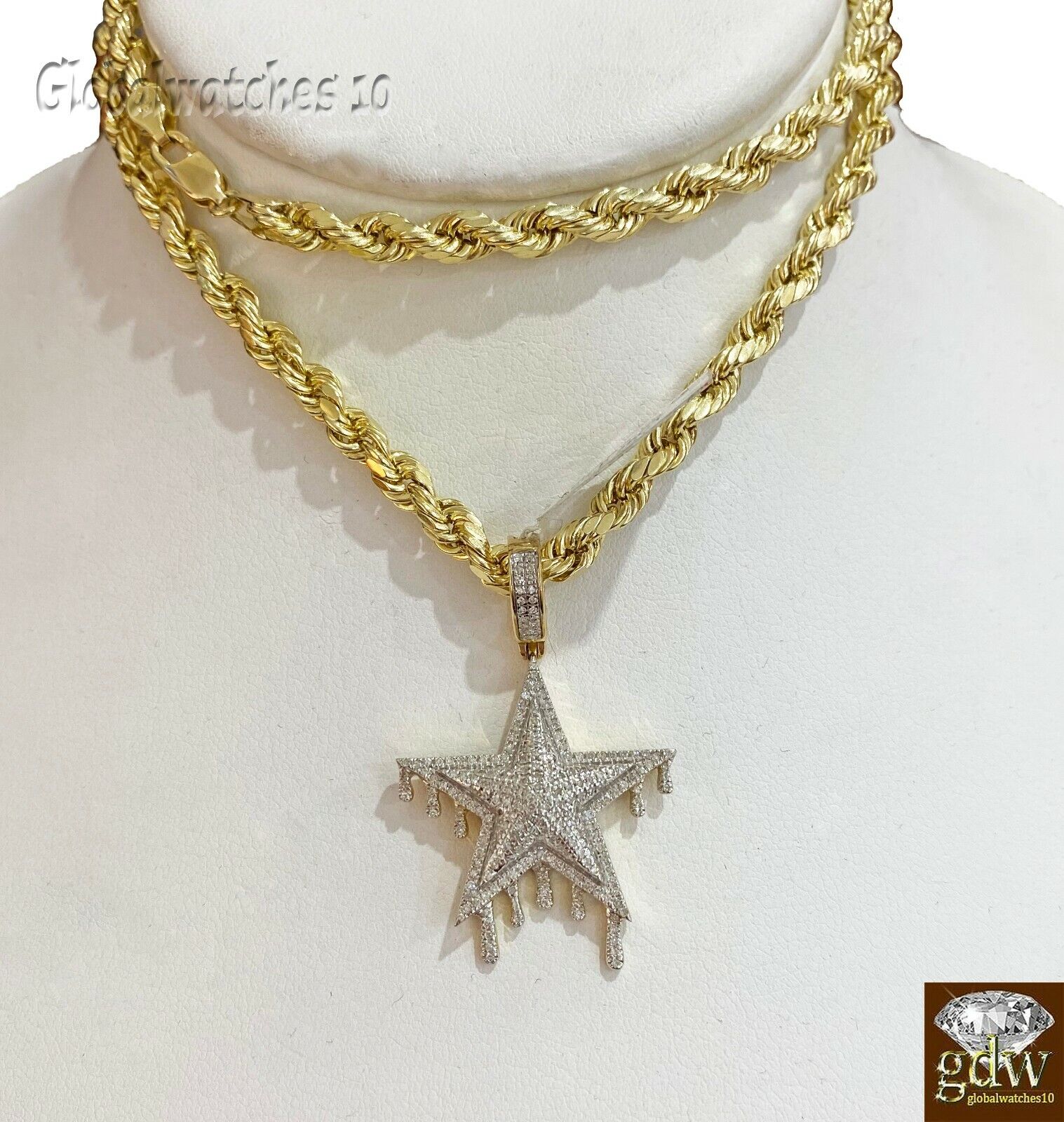 10k Gold Diamond Charm with Rope Chain in 20 22 24 26 inch Star Shape Pendant - Image 2