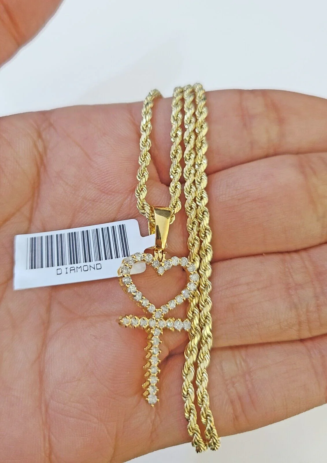 10k Gold Diamond Heart with Cross Pendent and 2.5mm 20 Inches Rope Chain - Image 2