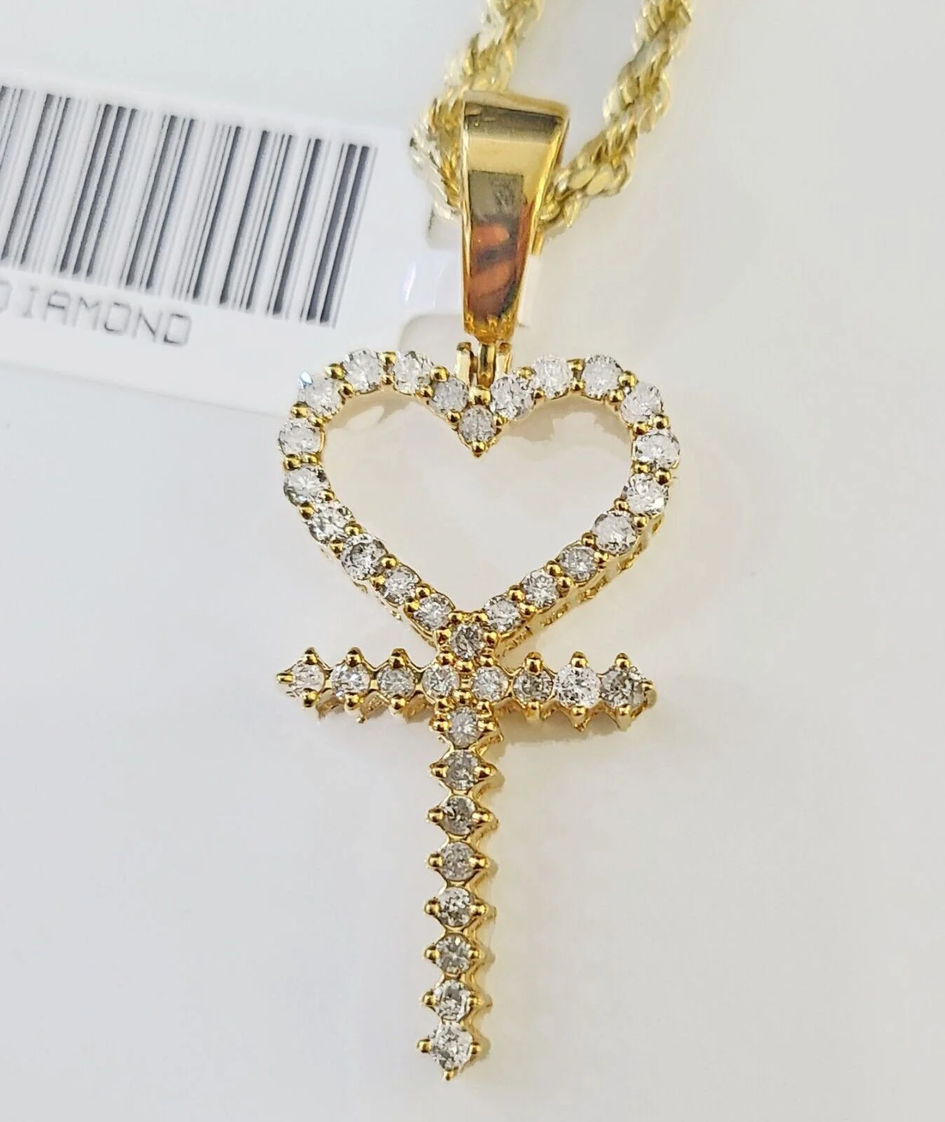 10k Gold Diamond Heart with Cross Pendent and 2.5mm 20 Inches Rope Chain - Image 3