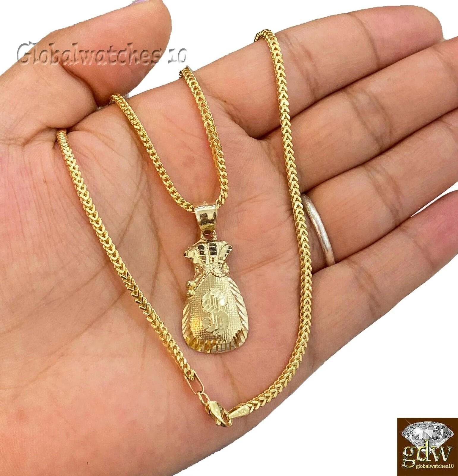 10k Gold Dollar Bag Charm Pendant Franco Chain  22 24 26 28 Inch Real - Image 2