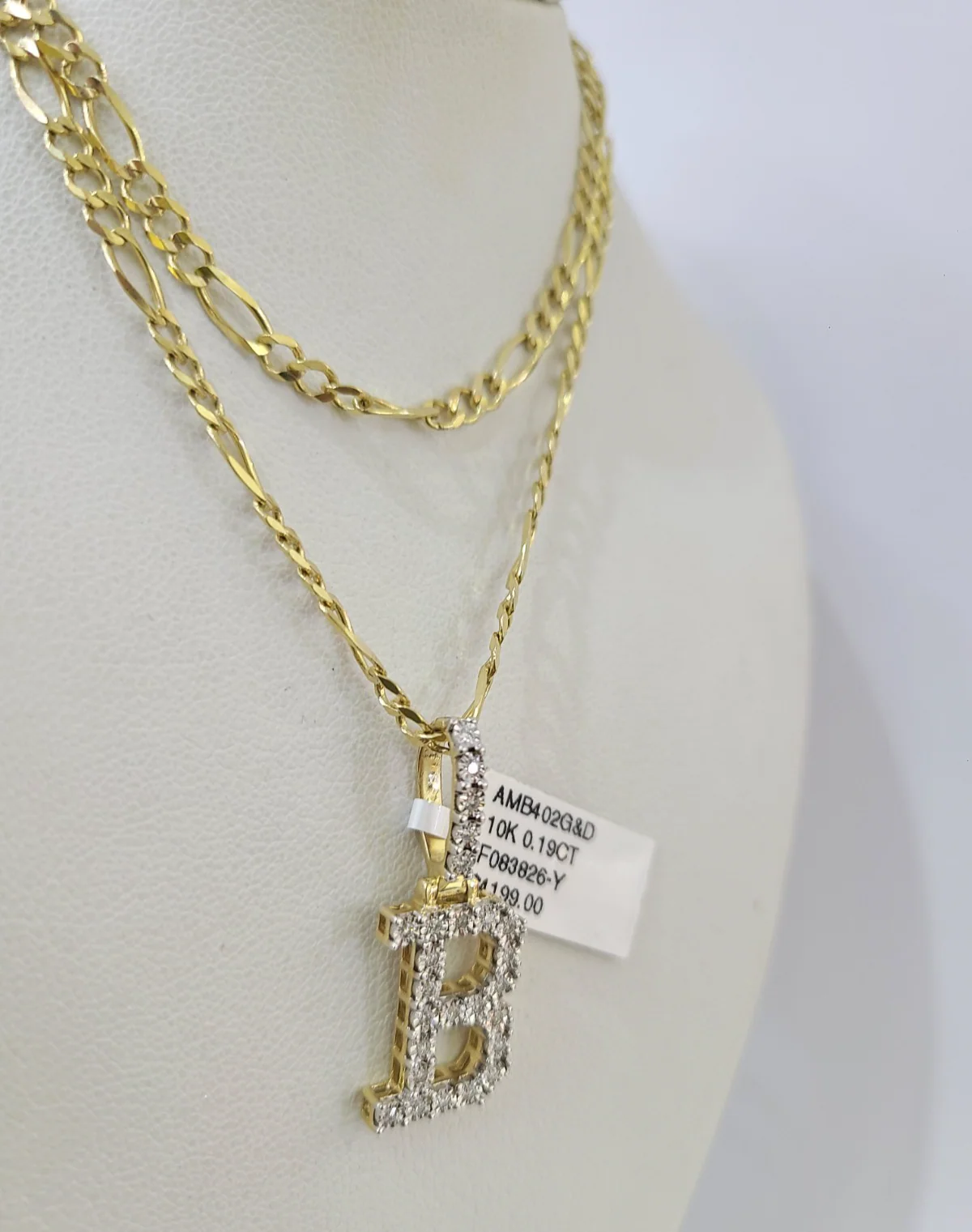 10k Gold Figaro Chain B Diamond Initial Pendant 3mm 20-28 inch SET Necklace - Image 3
