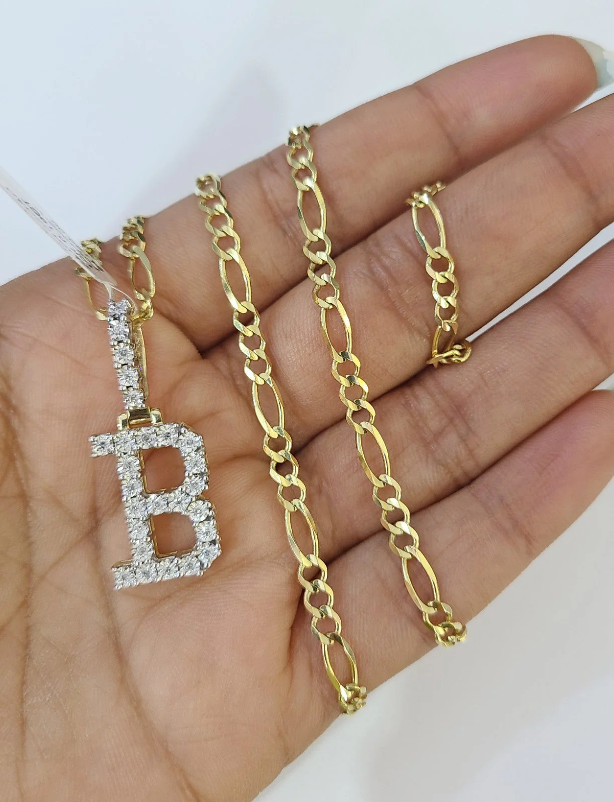 10k Gold Figaro Chain B Diamond Initial Pendant 3mm 20-28 inch SET Necklace - Image 5