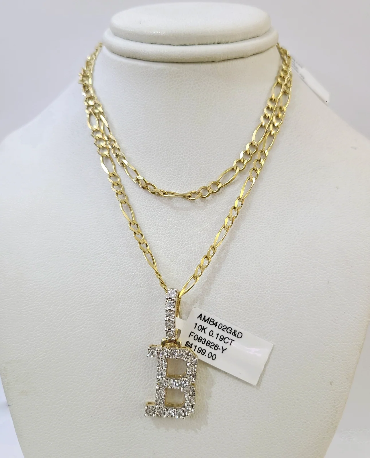 10k Gold Figaro Chain B Diamond Initial Pendant 3mm 20-28 inch SET Necklace - Image 6
