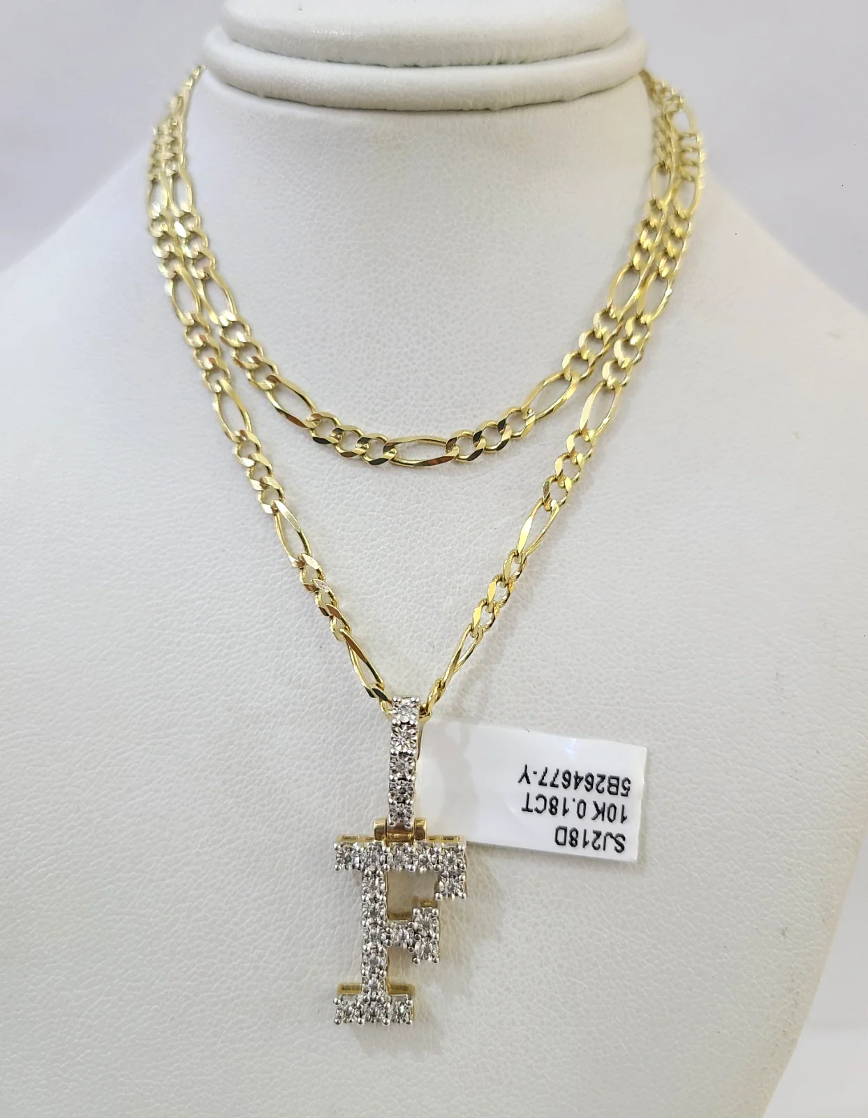 10k Gold Figaro Chain F Diamond Initial Pendant 3mm 20-28 inch SET Necklace - Image 3