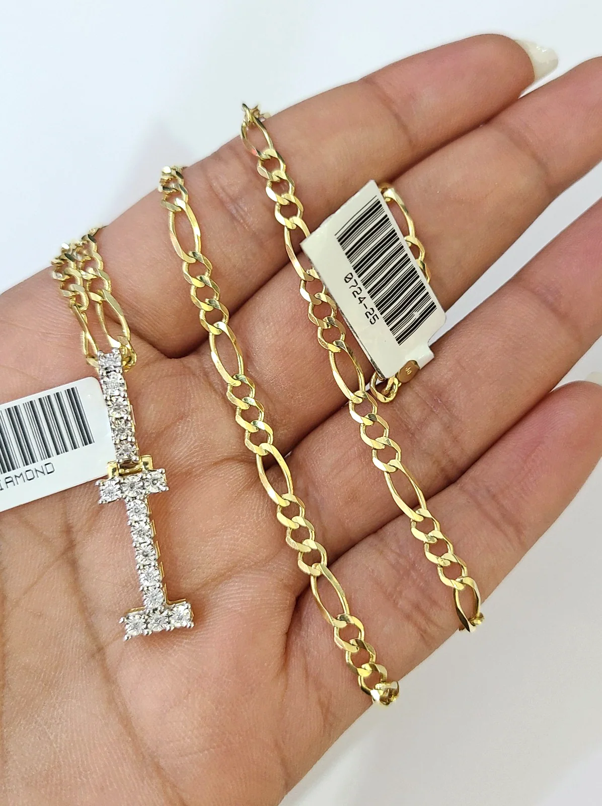 10k Gold Figaro Chain I Diamond Initial Pendant 3mm 20-28 inch SET Necklace - Image 5