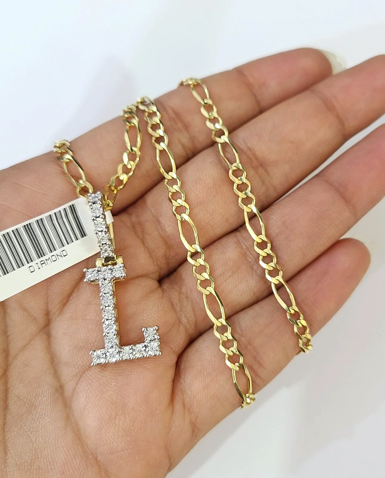 10k Gold Figaro Chain L Diamond Initial Pendant 3mm 20-28 inch SET Necklace - Image 3