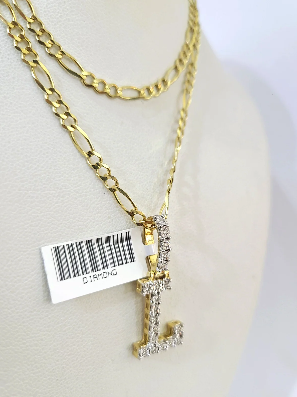 10k Gold Figaro Chain L Diamond Initial Pendant 3mm 20-28 inch SET Necklace - Image 6