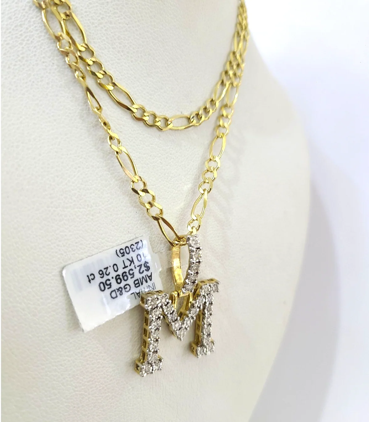 10k Gold Figaro Chain M Diamond Initial Pendant 3mm 20-28 inch SET Necklace - Image 4