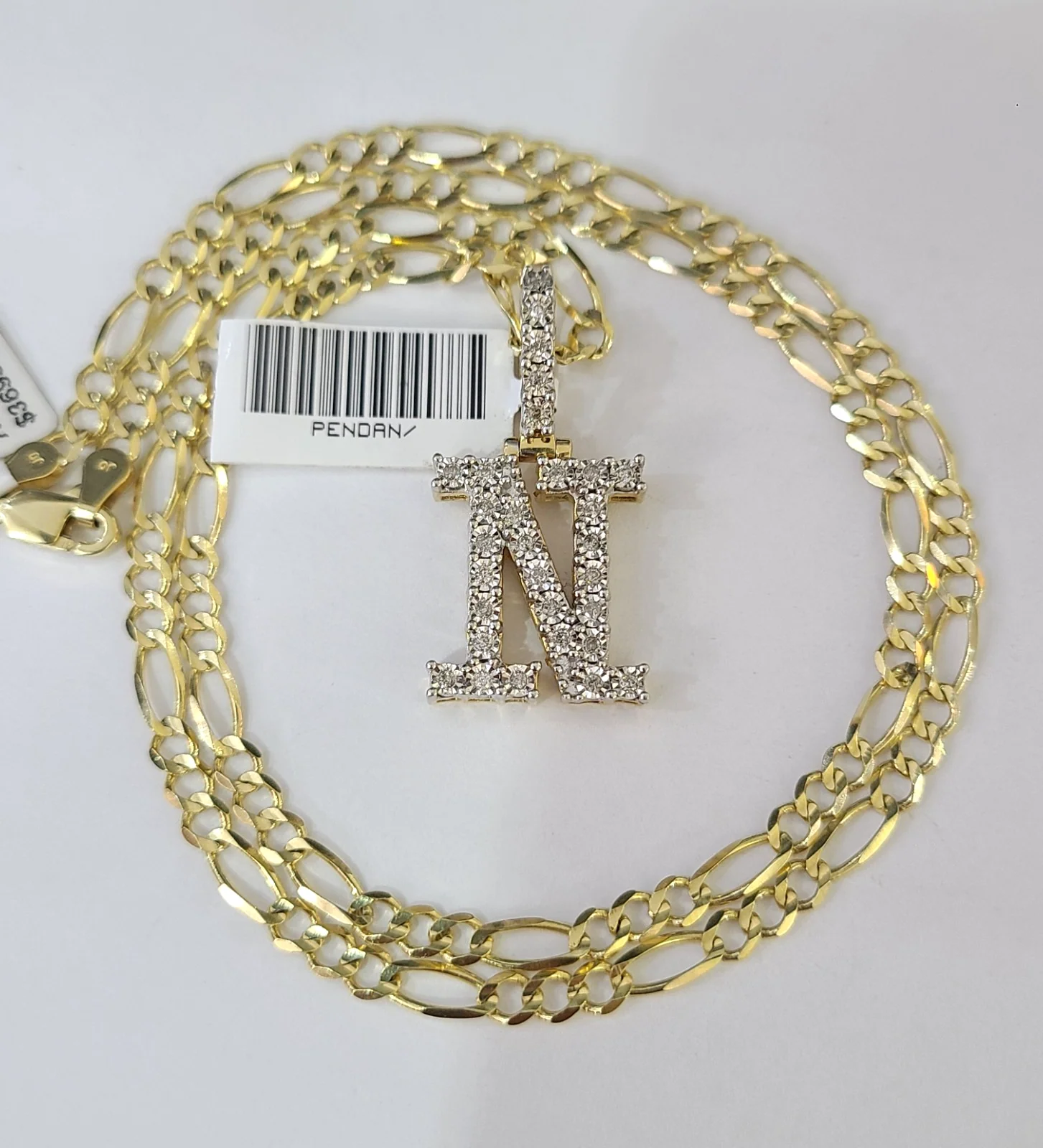 10k Gold Figaro Chain N Diamond Initial Pendant 3mm 20-28 inch SET Necklace - Image 3