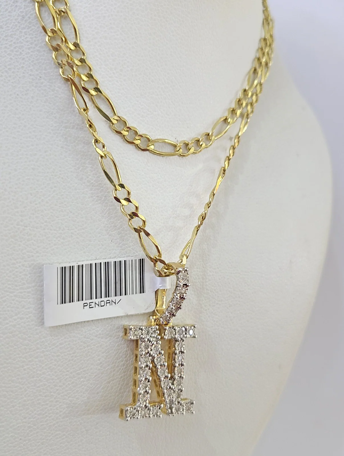 10k Gold Figaro Chain N Diamond Initial Pendant 3mm 20-28 inch SET Necklace - Image 4
