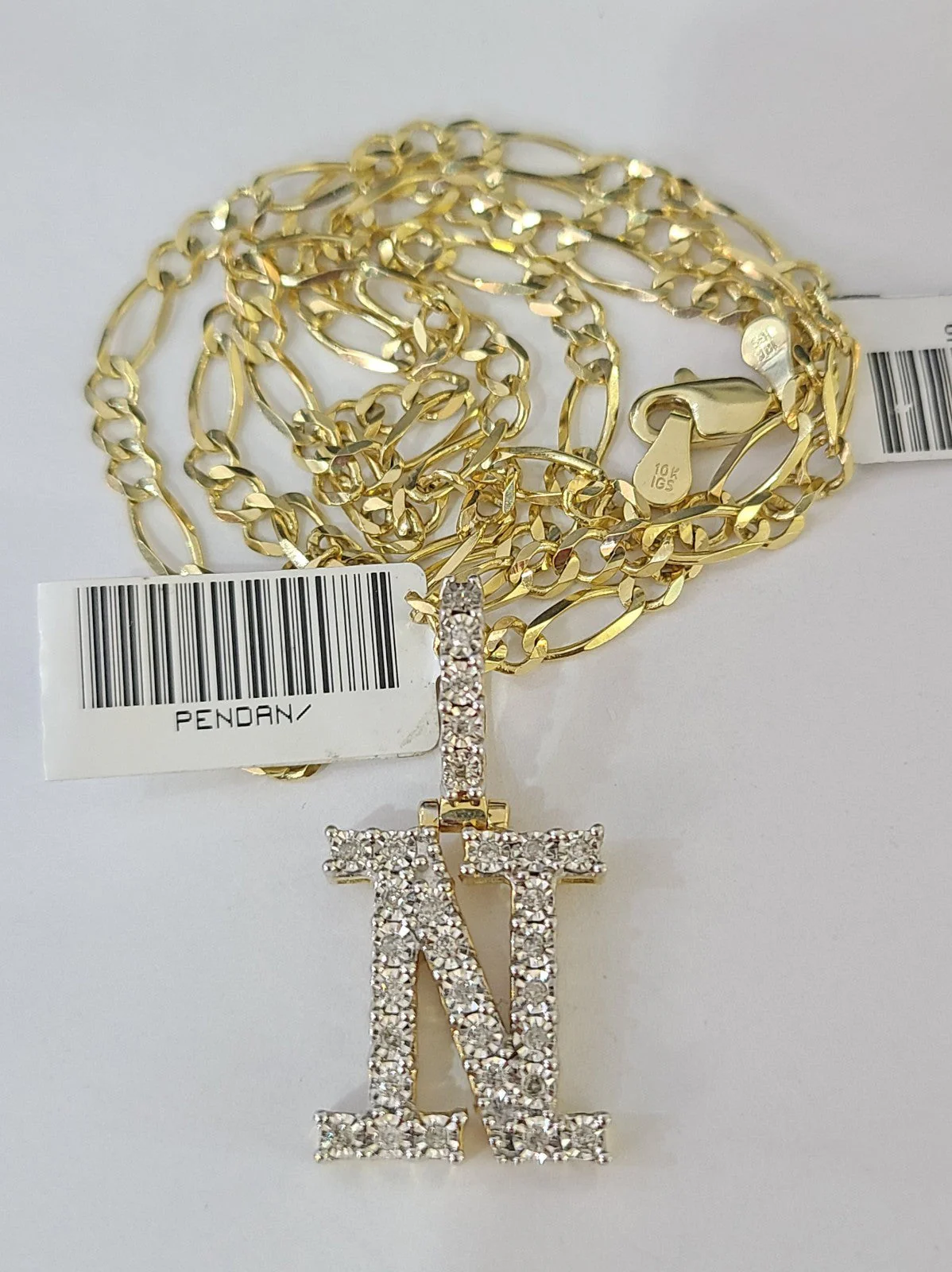 10k Gold Figaro Chain N Diamond Initial Pendant 3mm 20-28 inch SET Necklace - Image 5