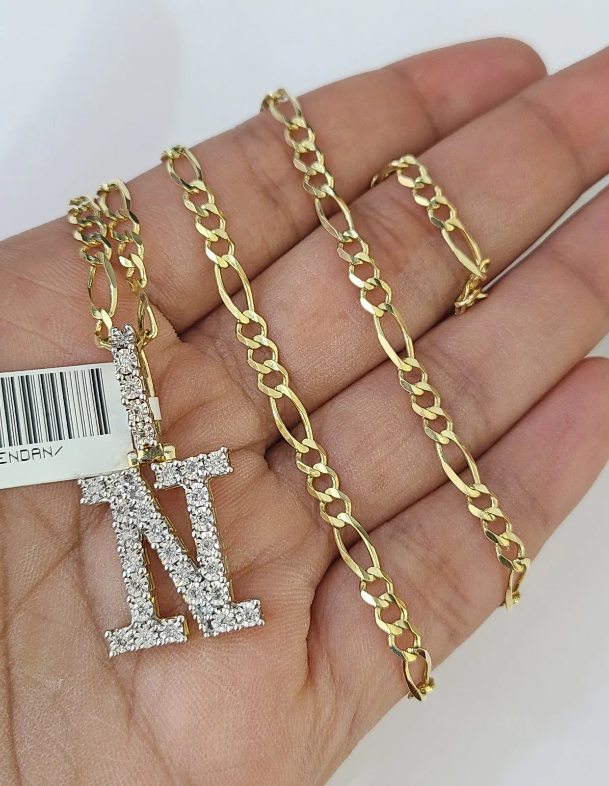 10k Gold Figaro Chain N Diamond Initial Pendant 3mm 20-28 inch SET Necklace - Image 6