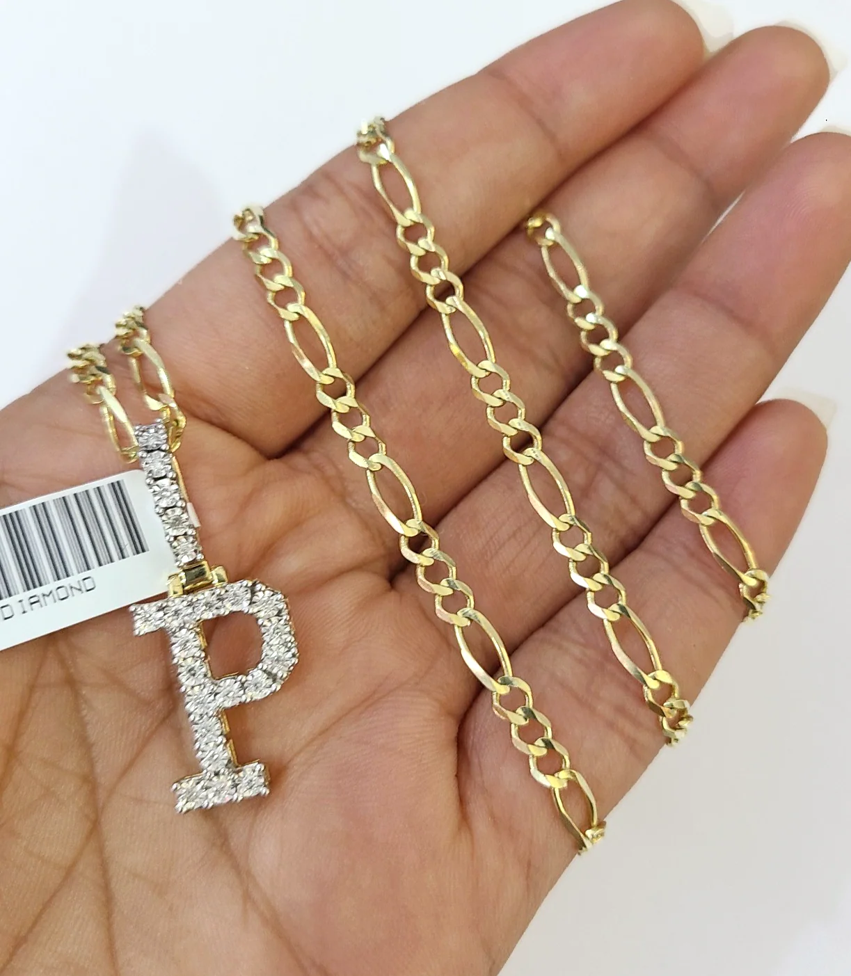 10k Gold Figaro Chain P Diamond Initial Pendant 3mm 20-28 inch SET Necklace - Image 2