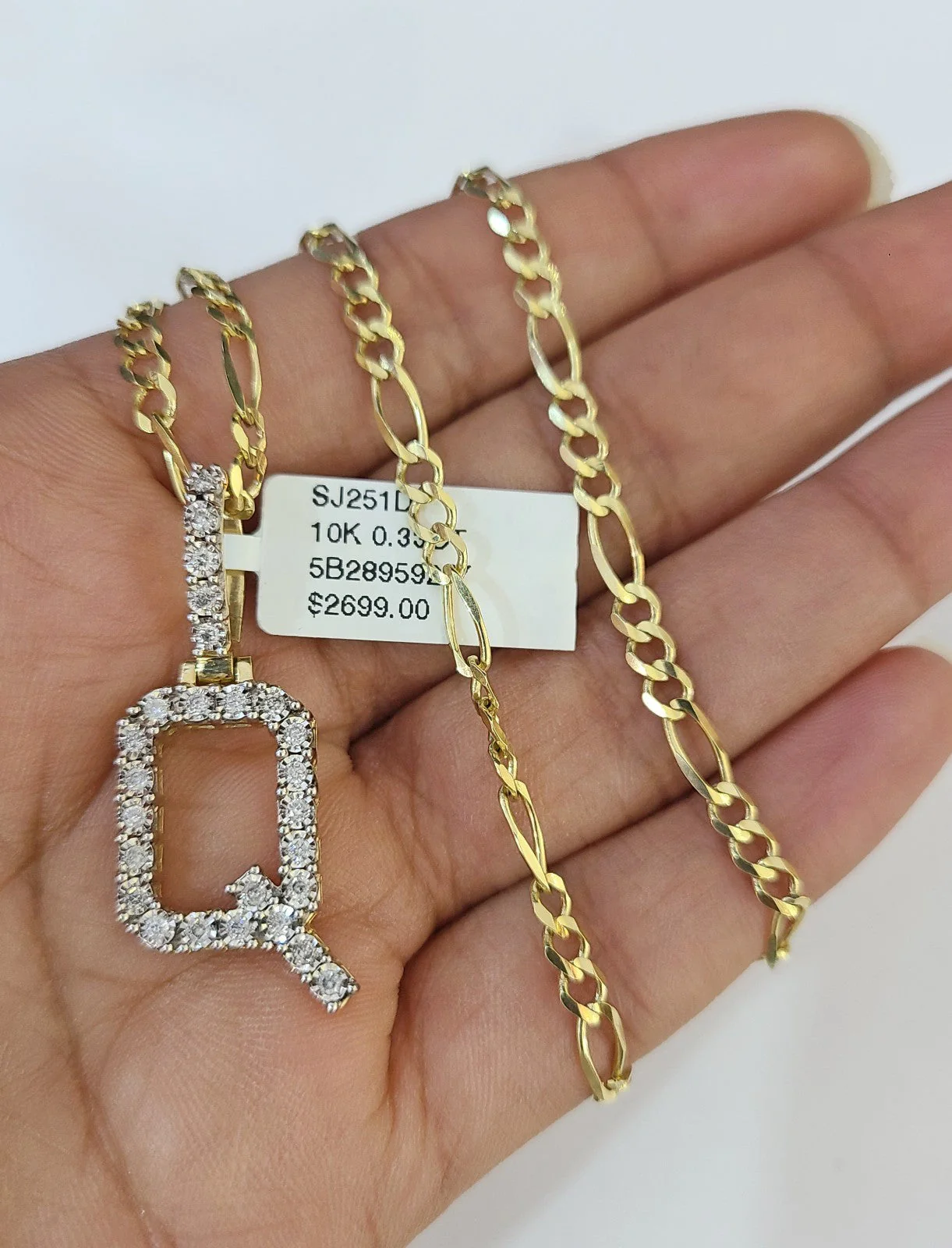 10k Gold Figaro Chain Q Diamond Initial Pendant 3mm 20-28 inch SET Necklace - Image 2