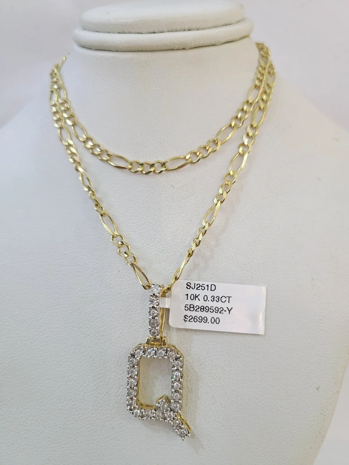 10k Gold Figaro Chain Q Diamond Initial Pendant 3mm 20-28 inch SET Necklace - Image 3