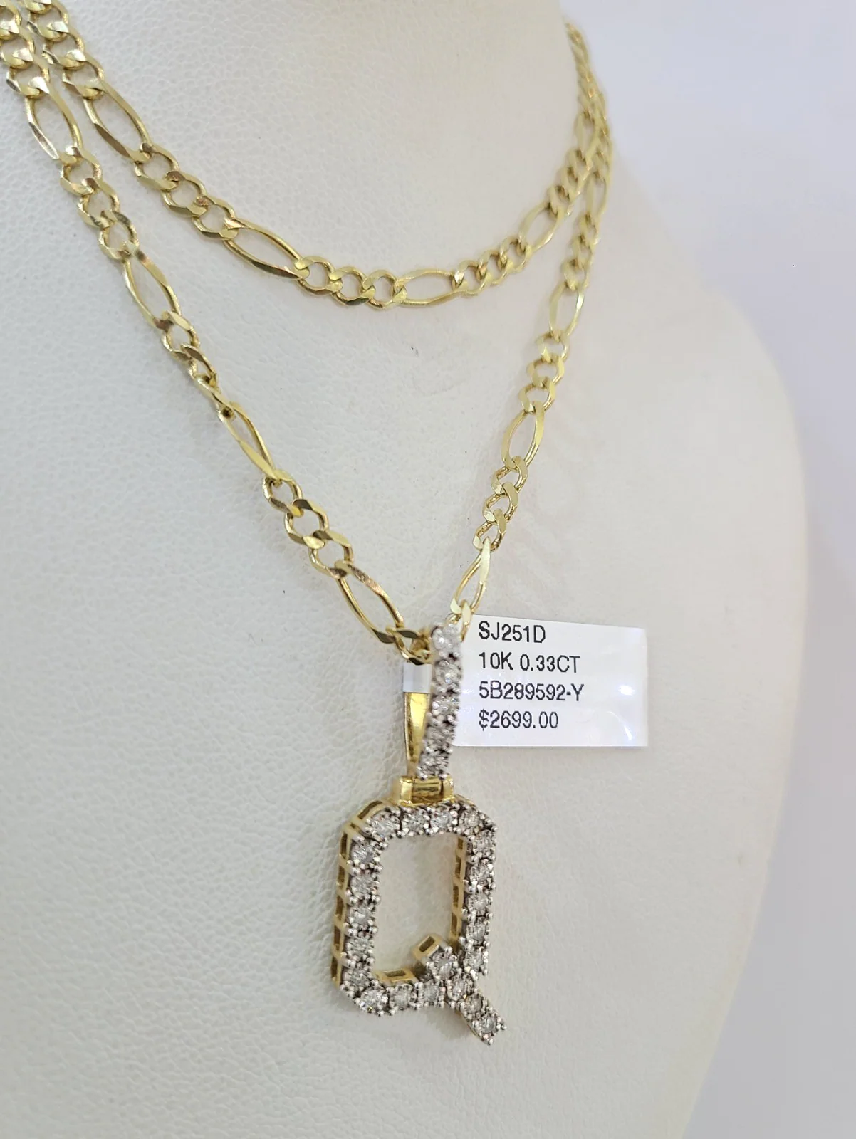 10k Gold Figaro Chain Q Diamond Initial Pendant 3mm 20-28 inch SET Necklace - Image 5