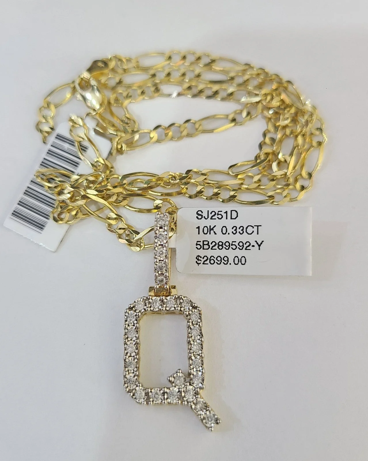 10k Gold Figaro Chain Q Diamond Initial Pendant 3mm 20-28 inch SET Necklace - Image 6