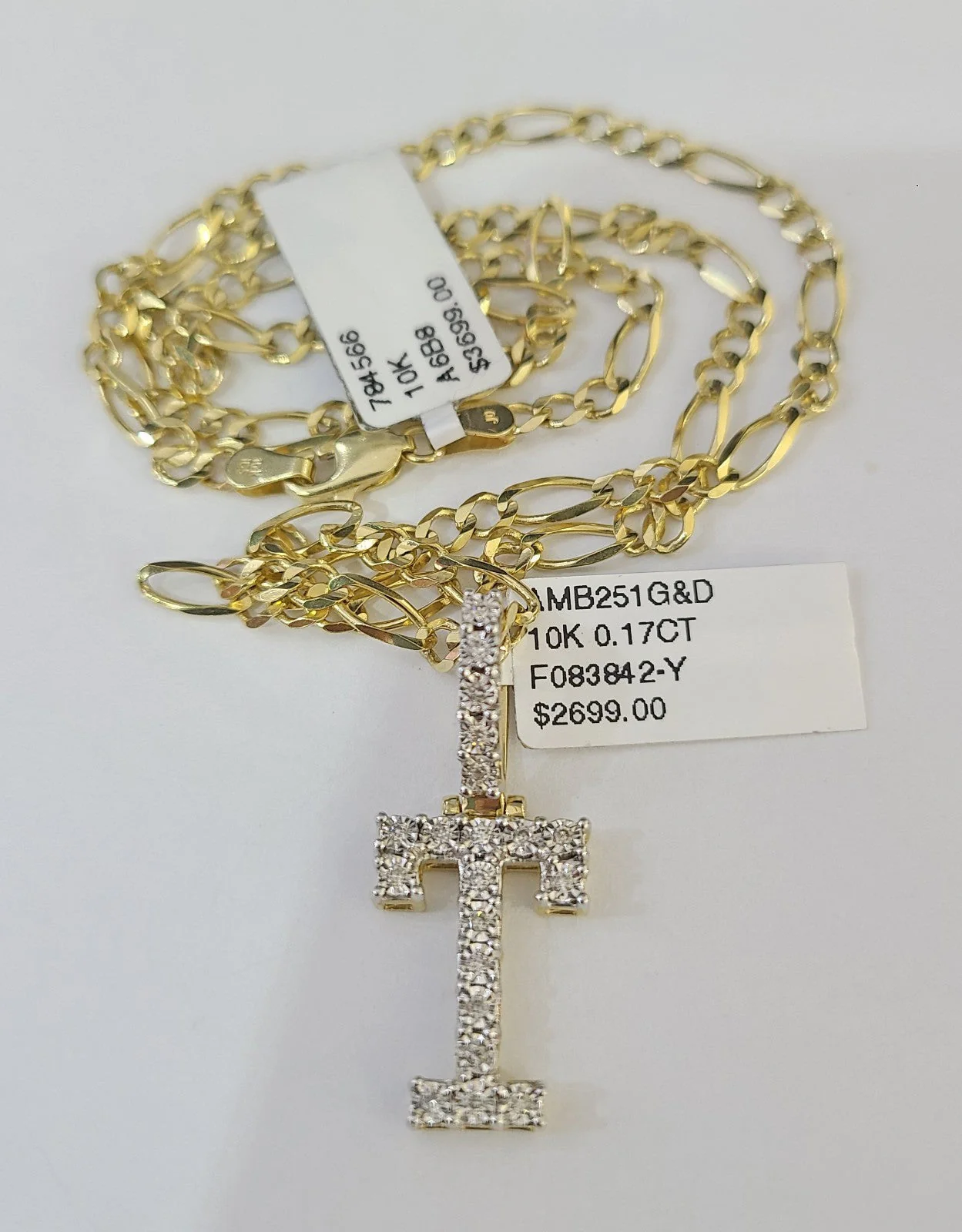 10k Gold Figaro Chain T Diamond Initial Pendant 3mm 20-28 inch SET Necklace - Image 2