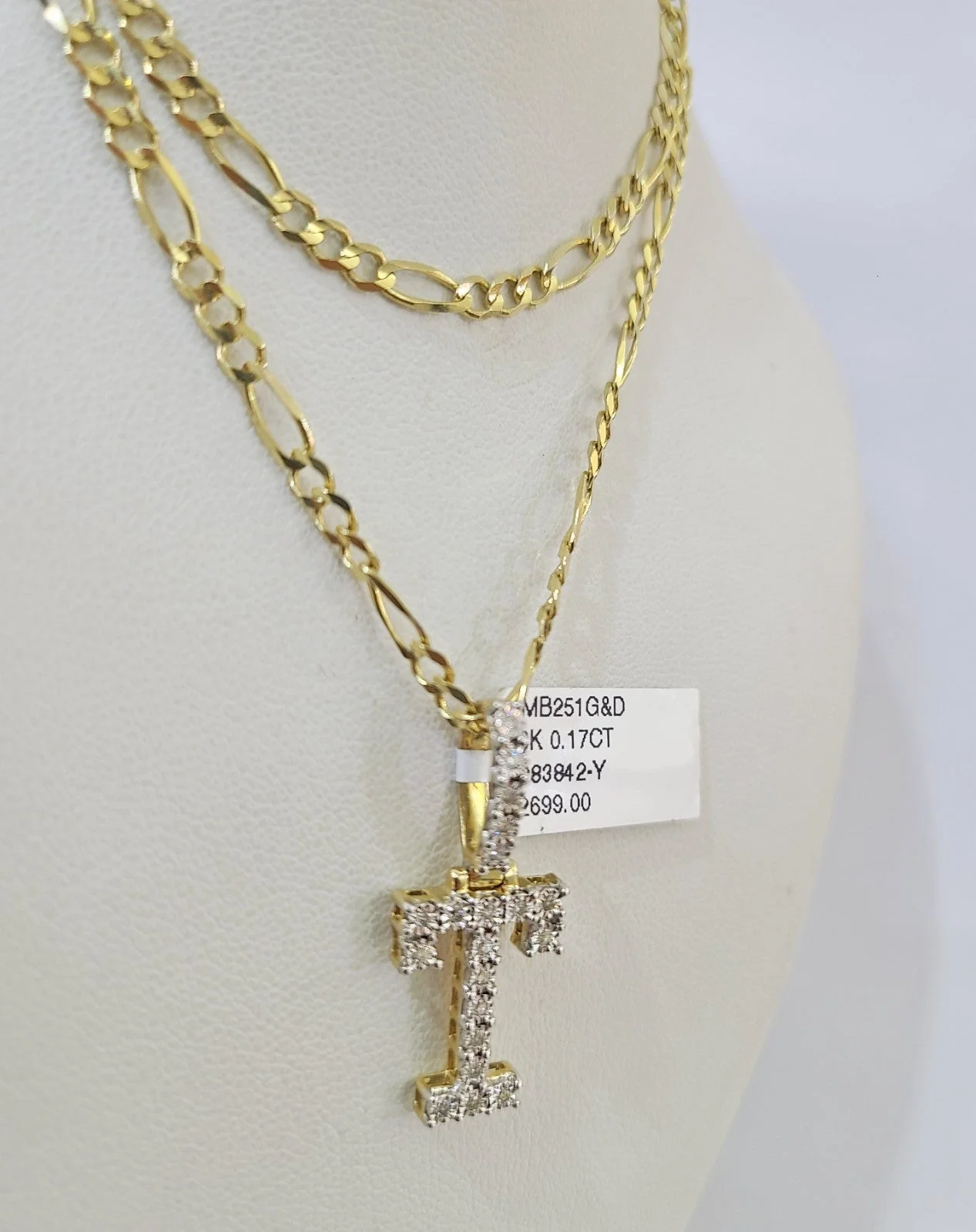 10k Gold Figaro Chain T Diamond Initial Pendant 3mm 20-28 inch SET Necklace - Image 3