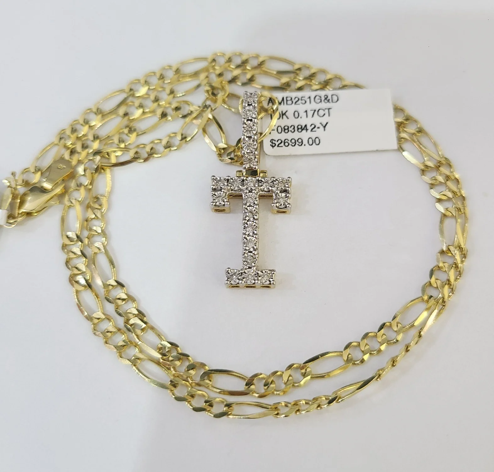 10k Gold Figaro Chain T Diamond Initial Pendant 3mm 20-28 inch SET Necklace - Image 4