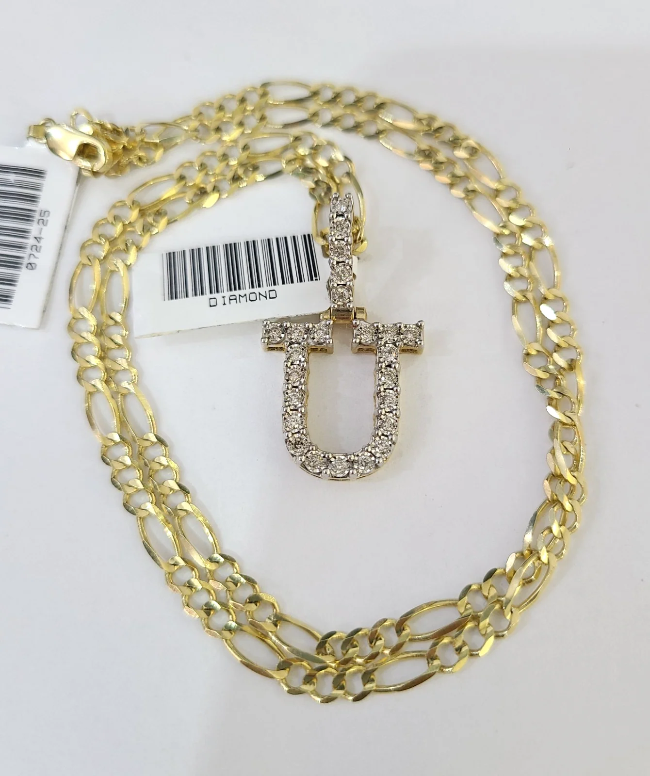 10k Gold Figaro Chain U Diamond Initial Pendant 3mm 20-28 inch SET Necklace - Image 3