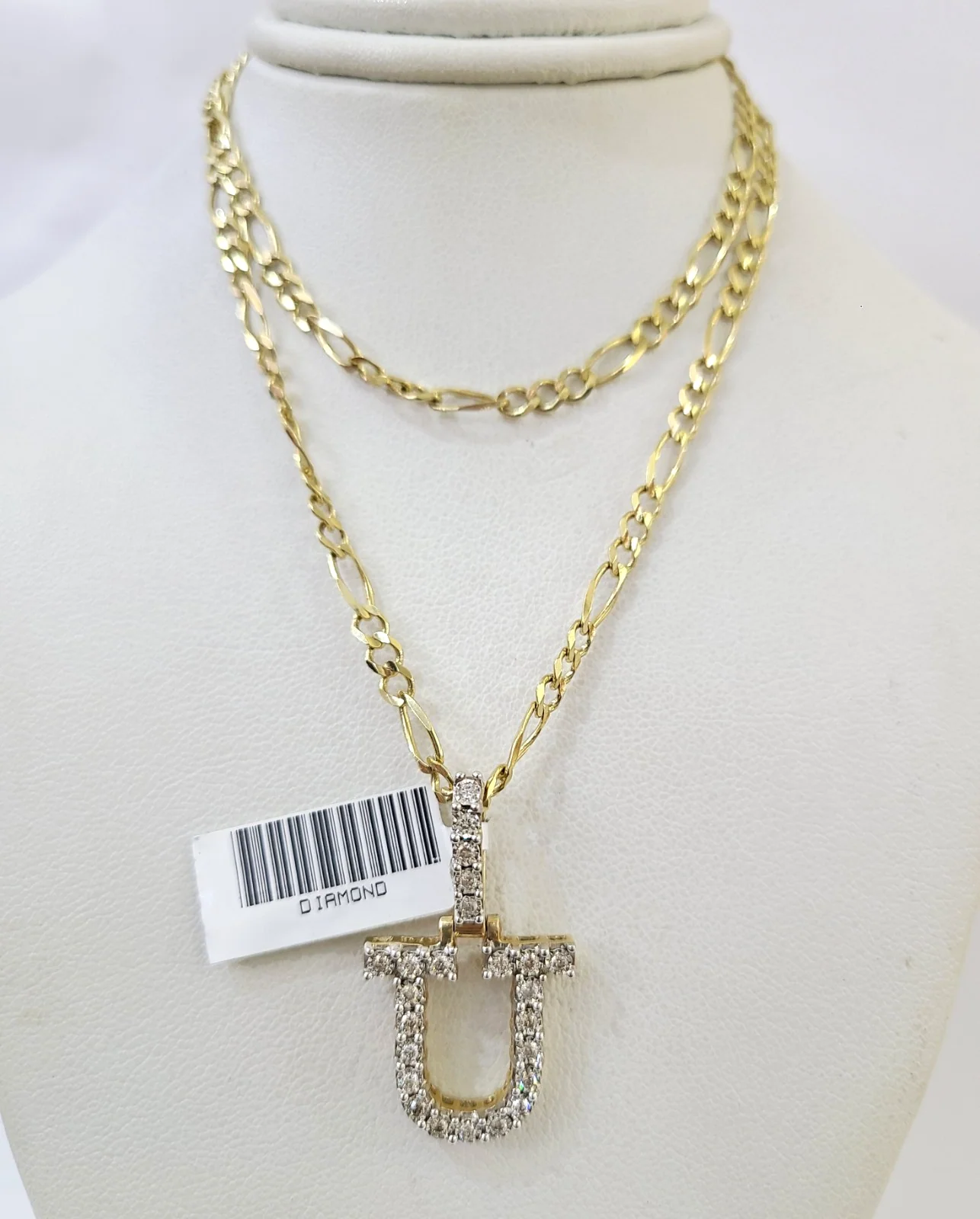 10k Gold Figaro Chain U Diamond Initial Pendant 3mm 20-28 inch SET Necklace - Image 4