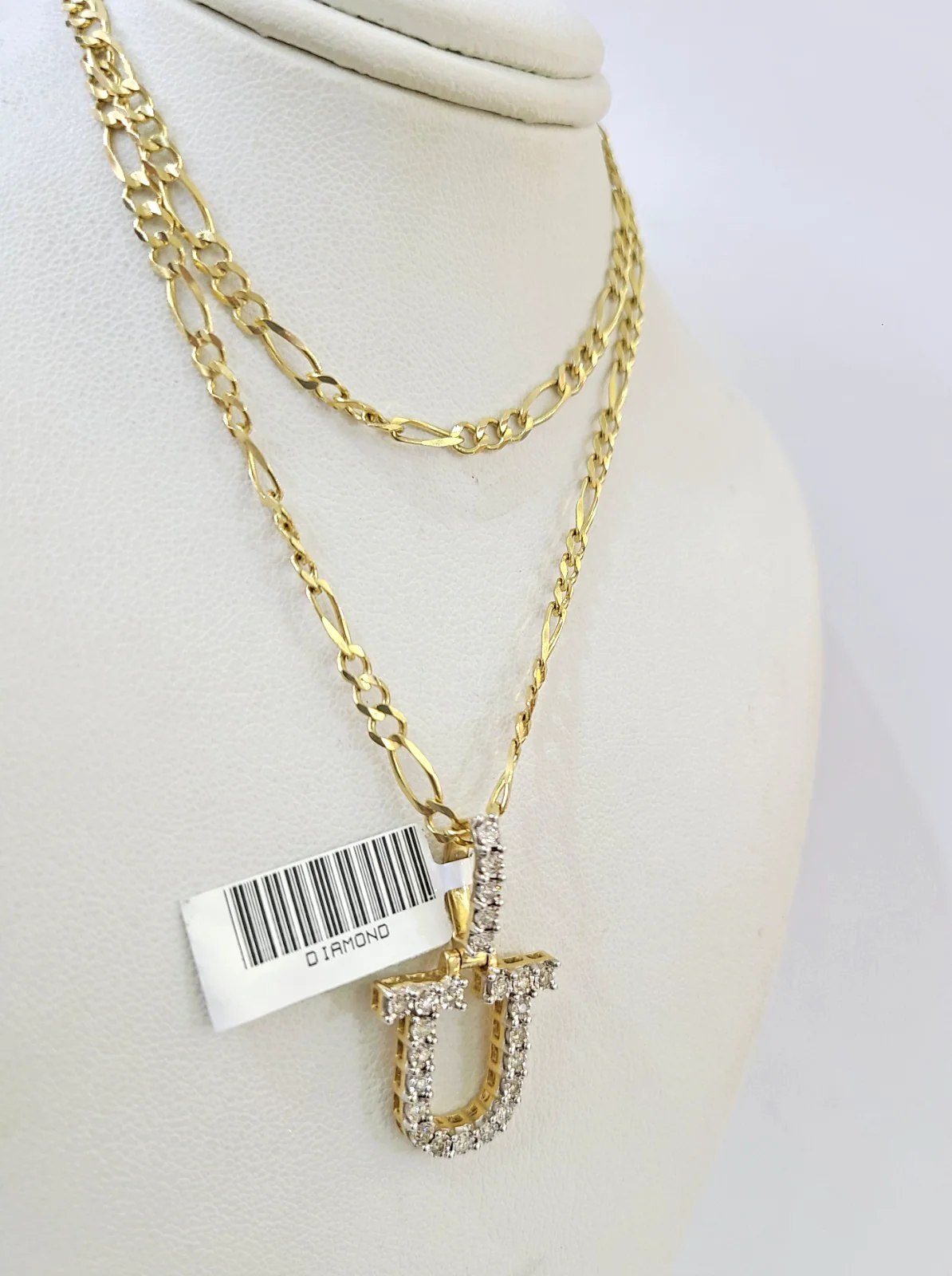 10k Gold Figaro Chain U Diamond Initial Pendant 3mm 20-28 inch SET Necklace - Image 6