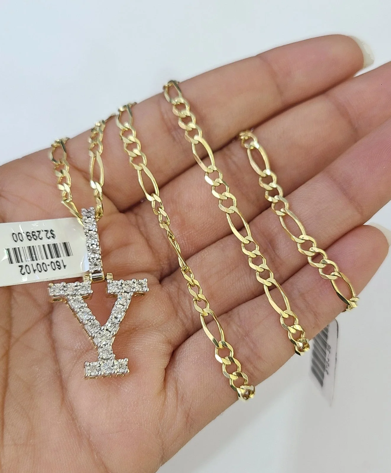 10k Gold Figaro Chain Y Diamond Initial Pendant 3mm 20-28 inch SET Necklace - Image 3