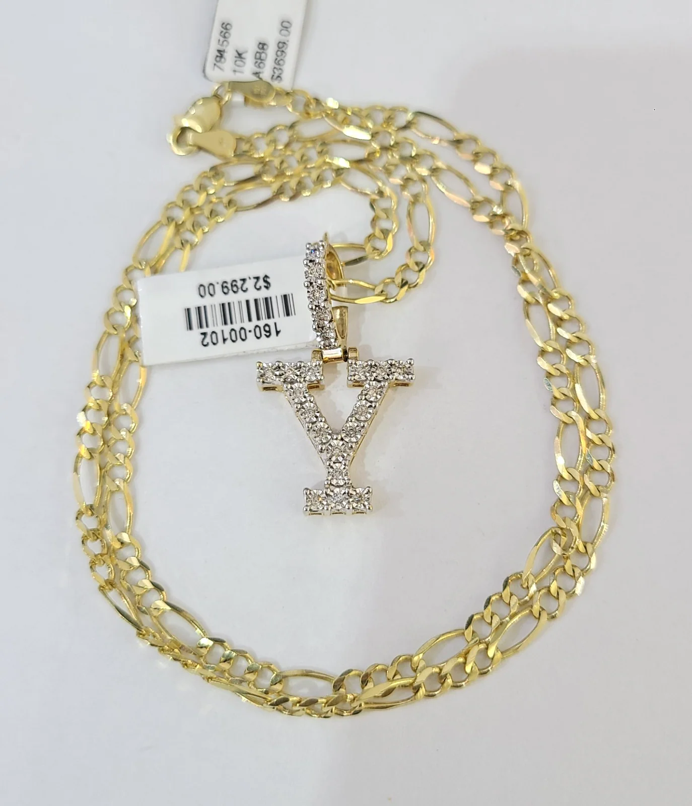 10k Gold Figaro Chain Y Diamond Initial Pendant 3mm 20-28 inch SET Necklace - Image 4