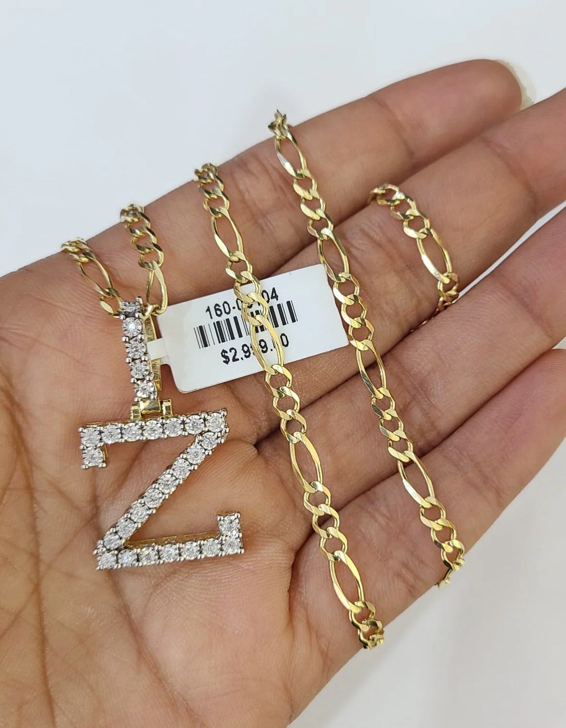 10k Gold Figaro Chain Z Diamond Initial Pendant 3mm 20-28 inch SET Necklace - Image 3