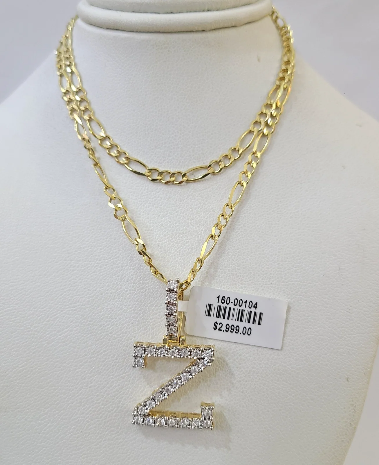 10k Gold Figaro Chain Z Diamond Initial Pendant 3mm 20-28 inch SET Necklace - Image 4