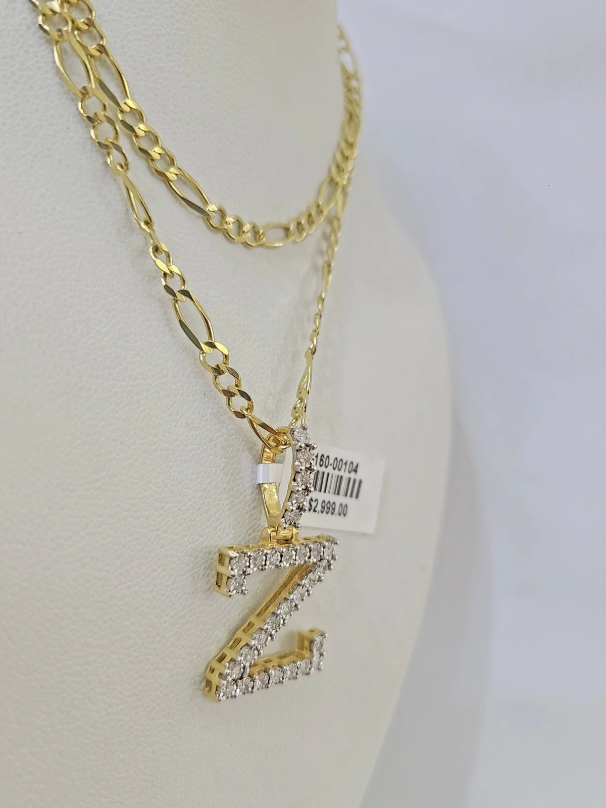 10k Gold Figaro Chain Z Diamond Initial Pendant 3mm 20-28 inch SET Necklace - Image 6