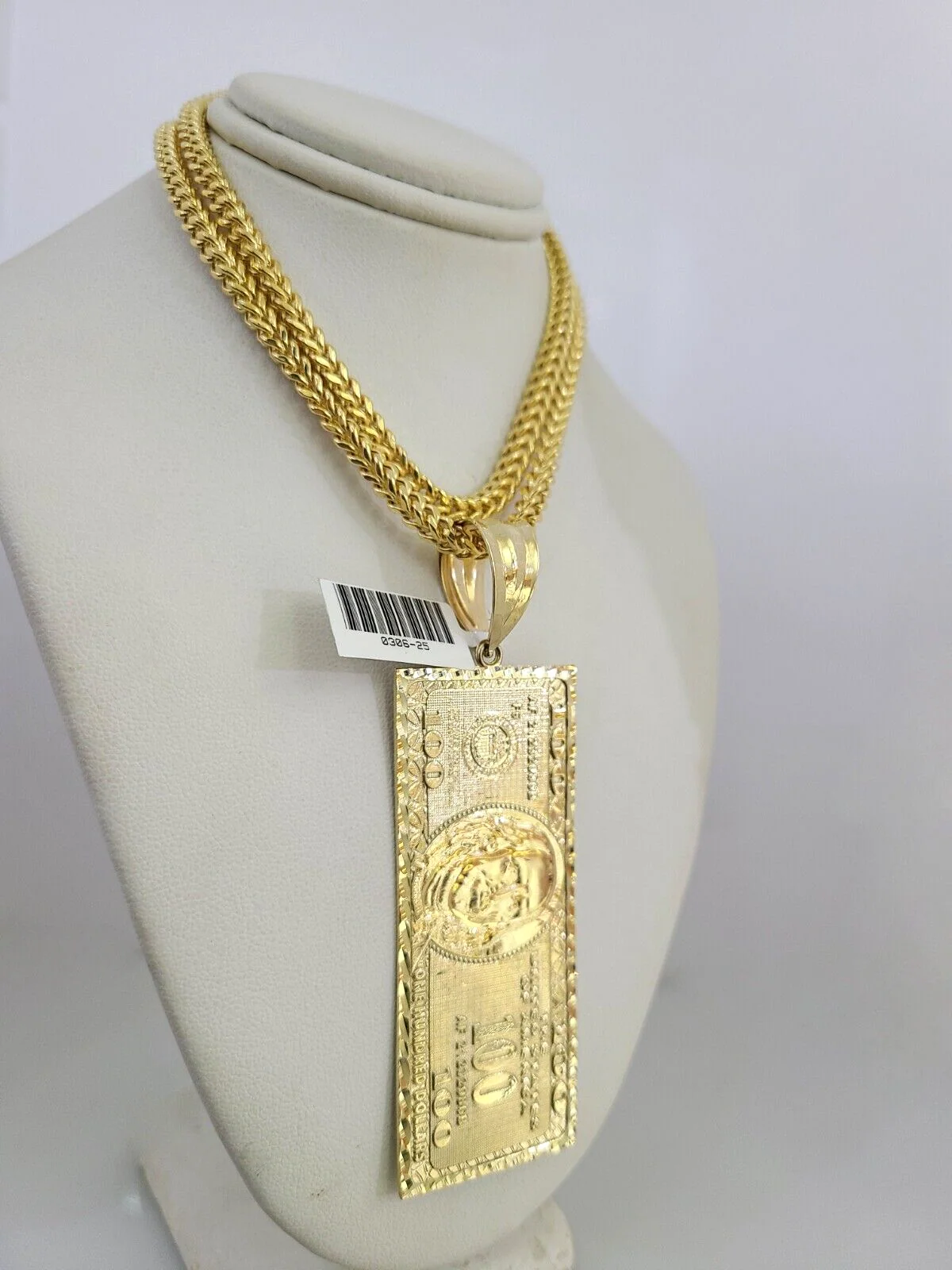10k Gold Franco Chain 100 Dollar Bill Charm Pendant 4mm 18-28 Inch Necklace - Image 4