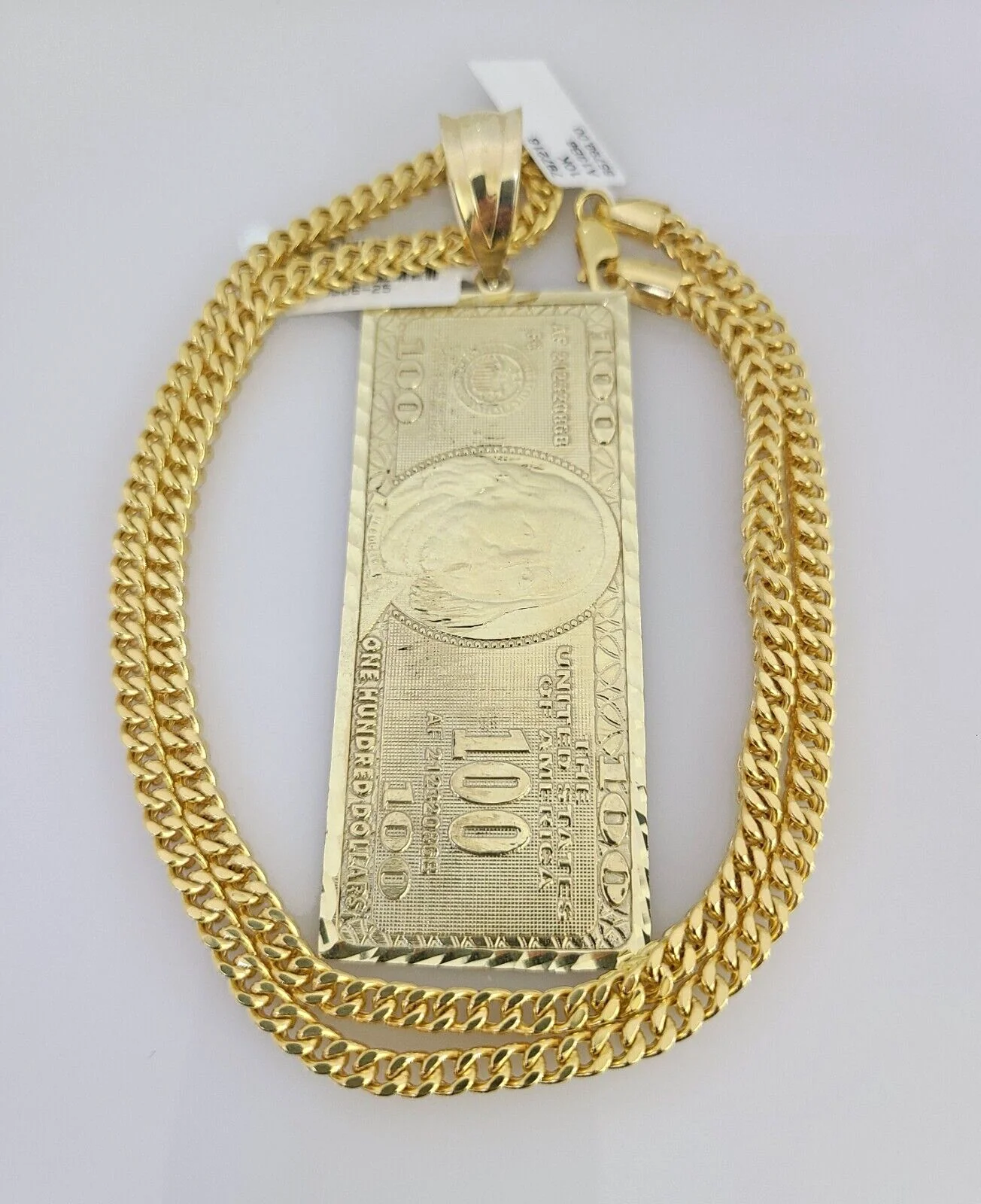 10k Gold Franco Chain 100 Dollar Bill Charm Pendant 4mm 18-28 Inch Necklace - Image 5