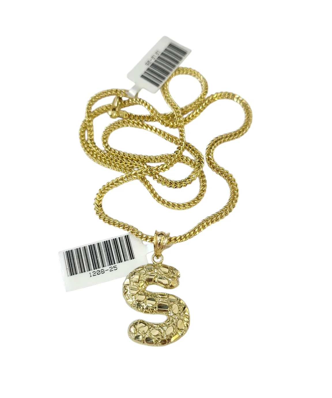 10k Gold Franco Chain 2.5mm 16"-26" S Nugget Initial Charm Pendant Necklace SET - Image 3