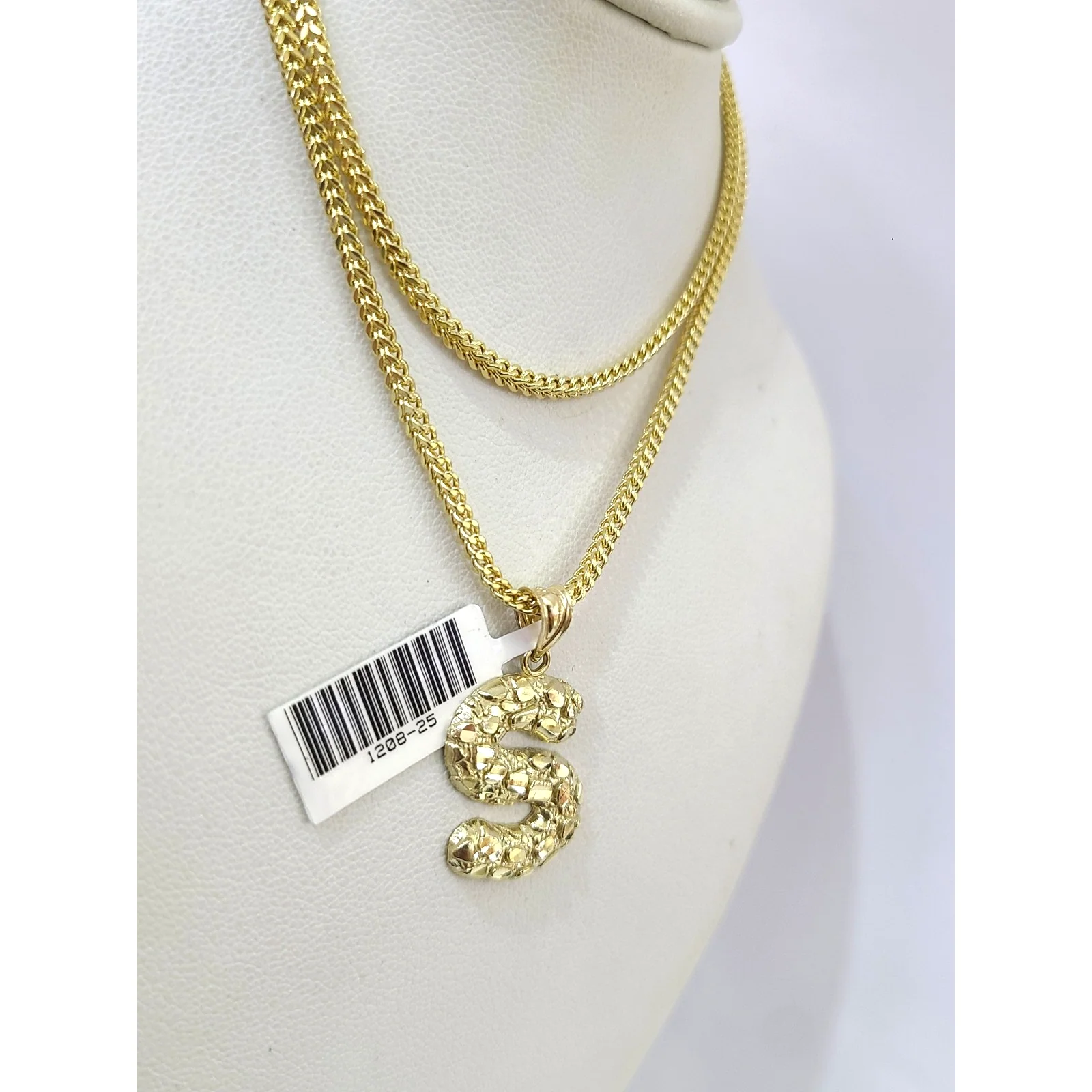 10k Gold Franco Chain 2.5mm 16"-26" S Nugget Initial Charm Pendant Necklace SET - Image 4