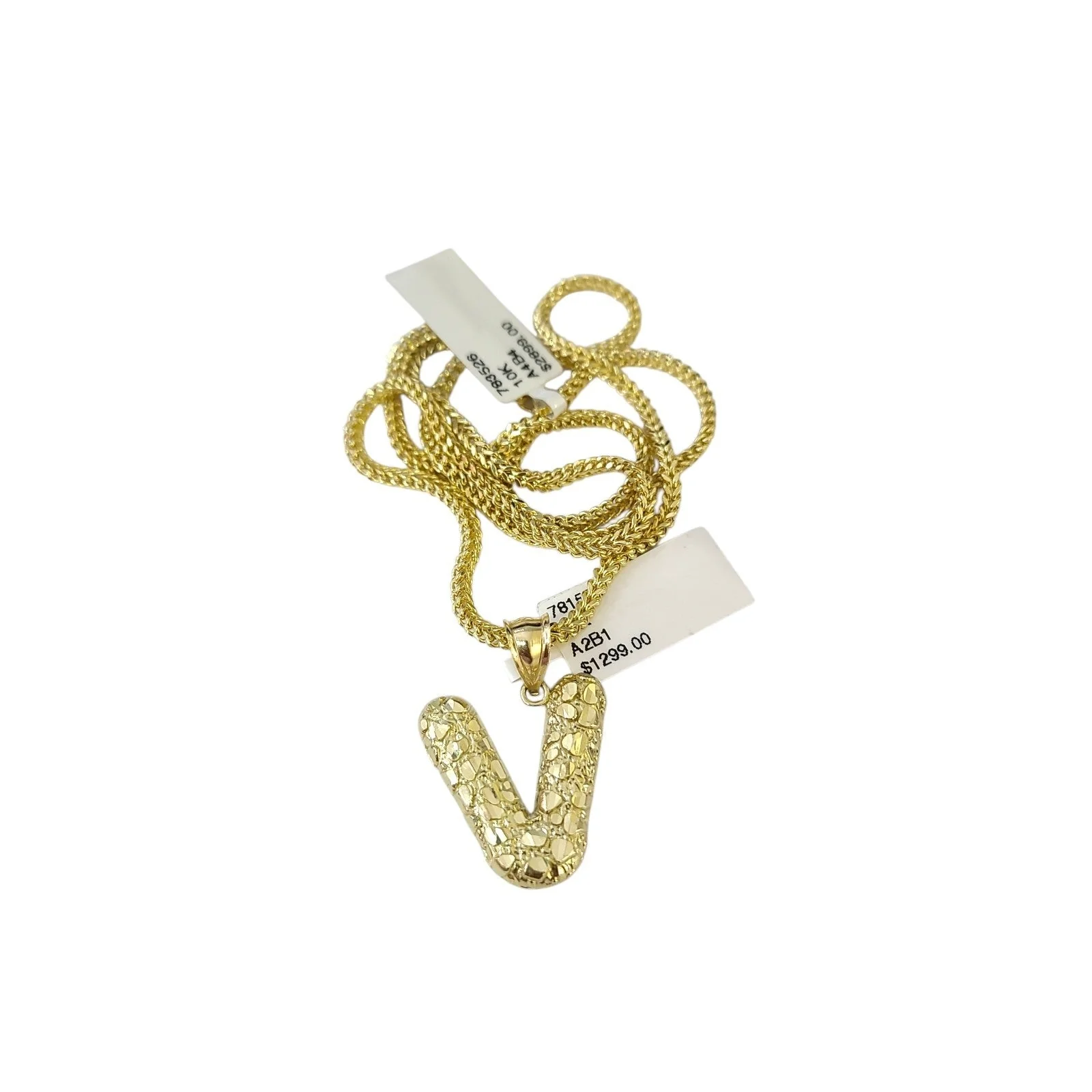 10k Gold Franco Chain 2.5mm 16"-26" V Nugget Initial Charm Pendant Necklace SET - Image 2