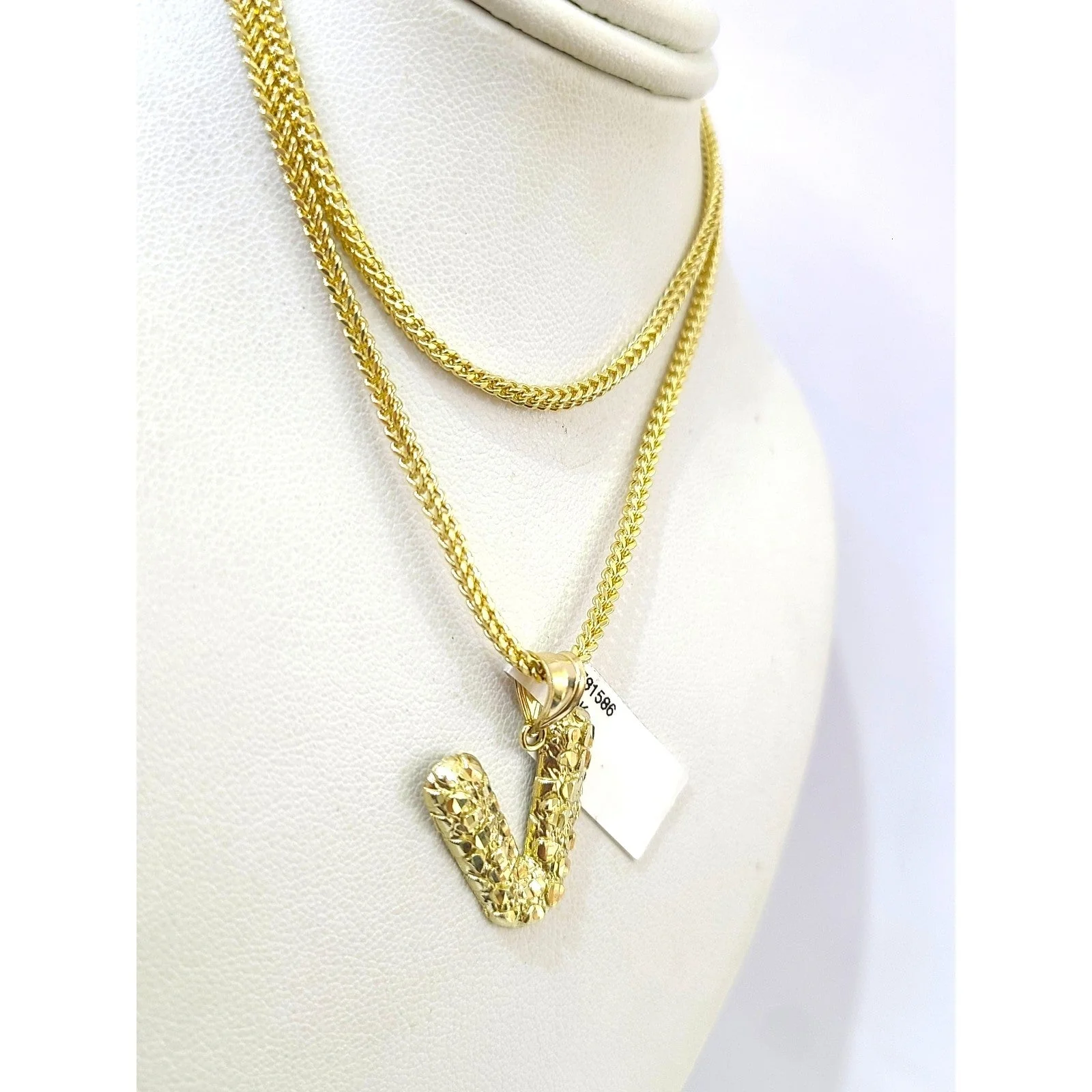 10k Gold Franco Chain 2.5mm 16"-26" V Nugget Initial Charm Pendant Necklace SET - Image 3