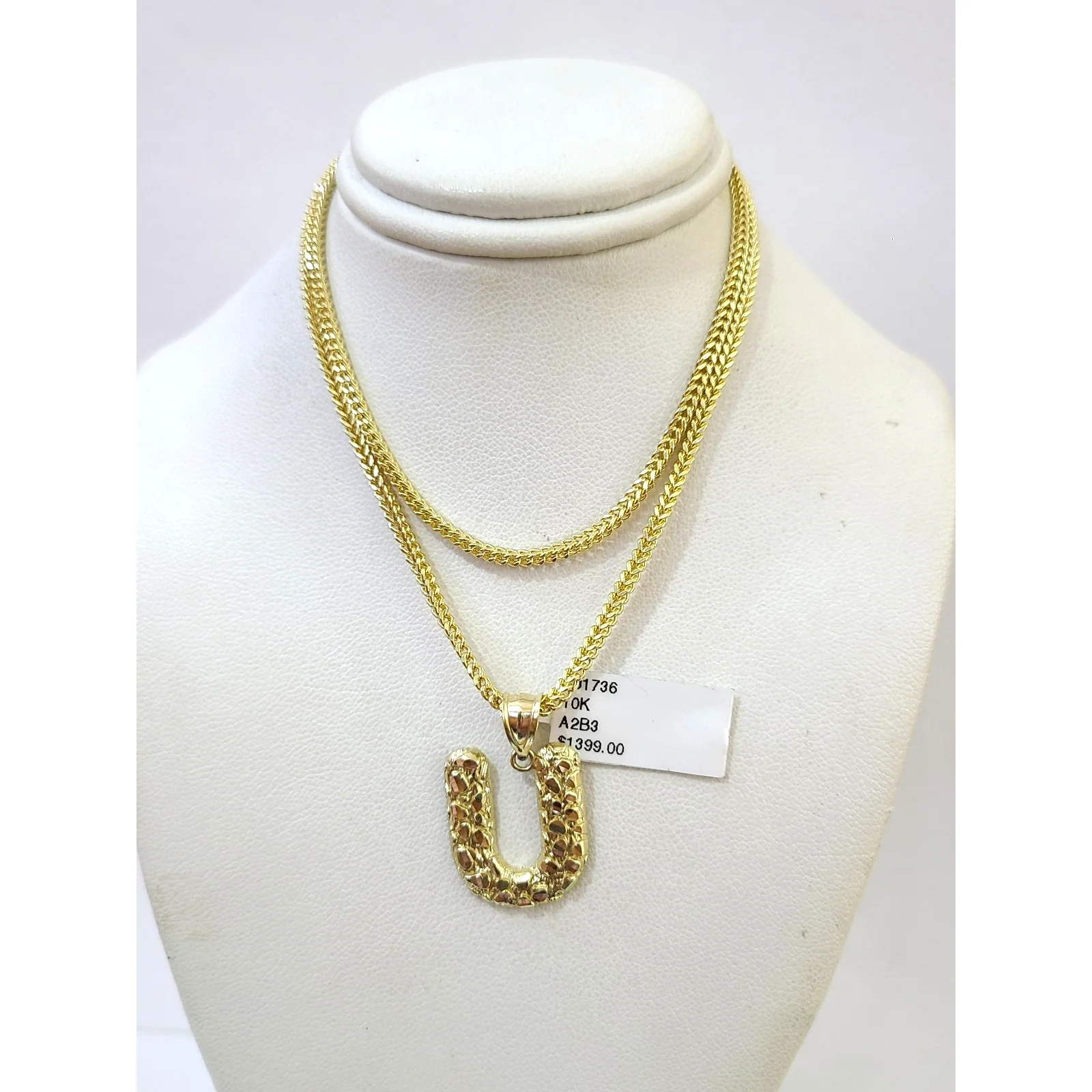 10k Gold Franco Chain 2.5mm U Nugget Initial Charm 16"-26" Pendant Necklace SET - Image 2