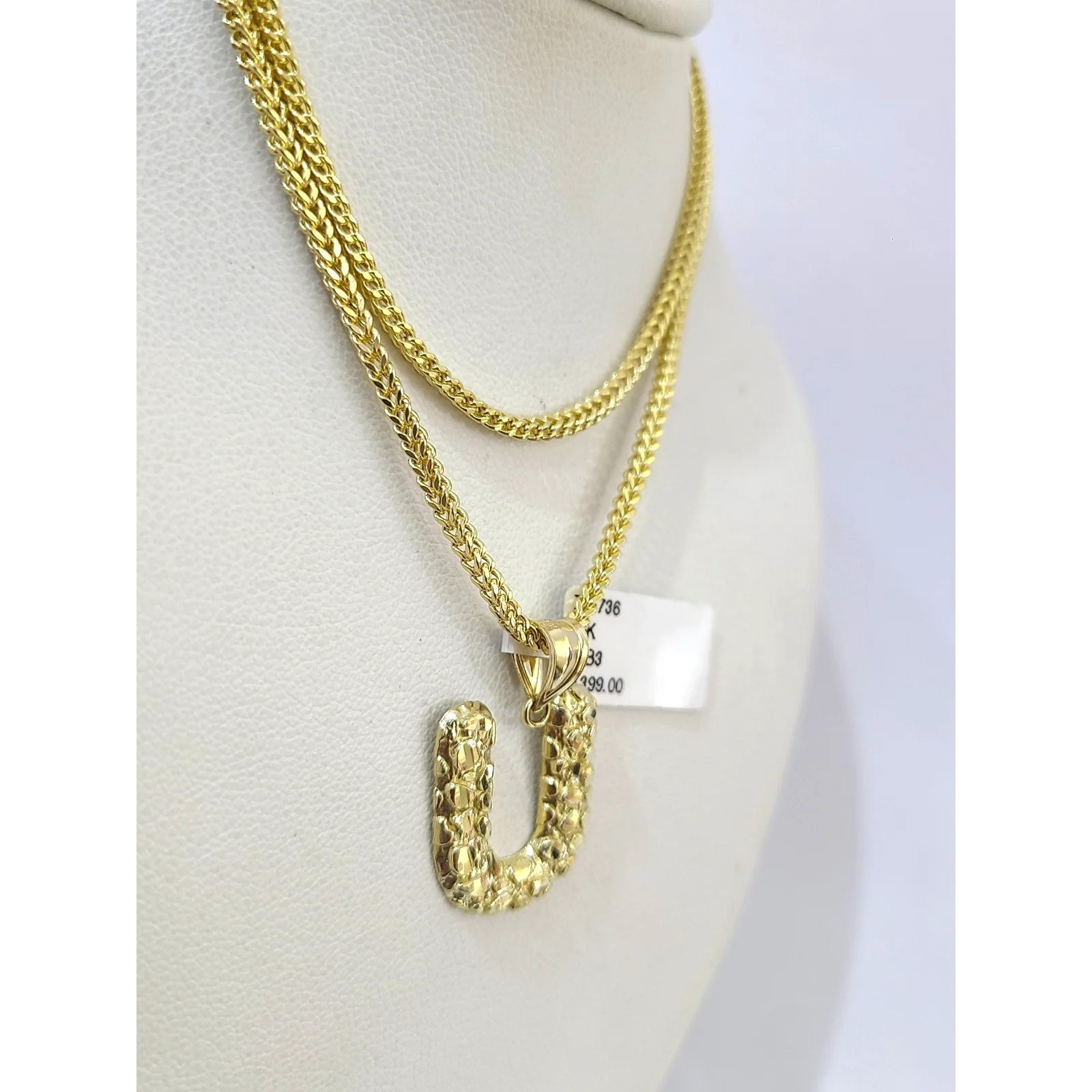 10k Gold Franco Chain 2.5mm U Nugget Initial Charm 16"-26" Pendant Necklace SET - Image 4