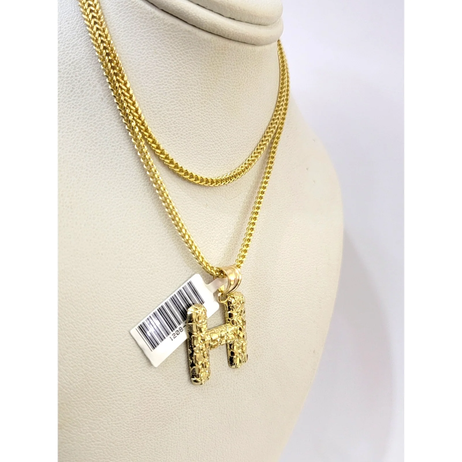10k Gold Franco Chain H Nugget Initial Charm Pendant Necklace SET 2.5mm 16"-26" - Image 4