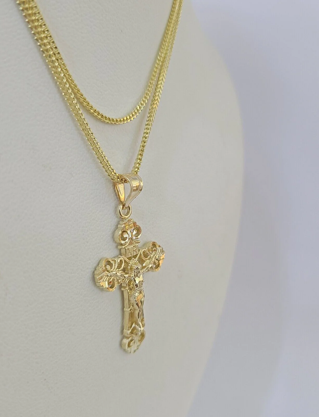 10K Gold Franco Chain INRI Cross Charm SET Length 16-20 inches 1mm Ladies Women - Image 7