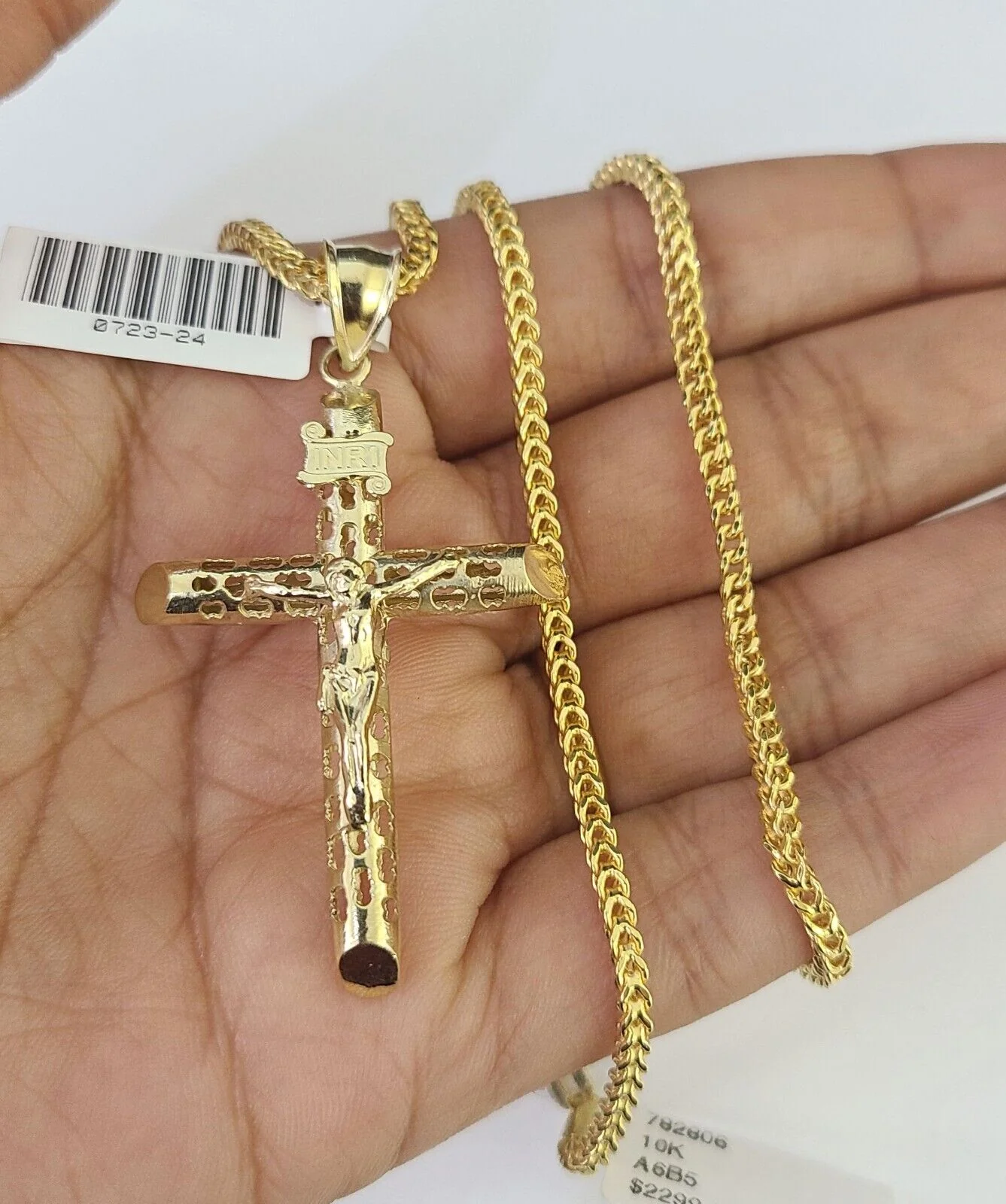 10K Gold Franco Chain Jesus Cross Charm Pendant 20-26 inches 2.5mm REAL Yellow - Image 4