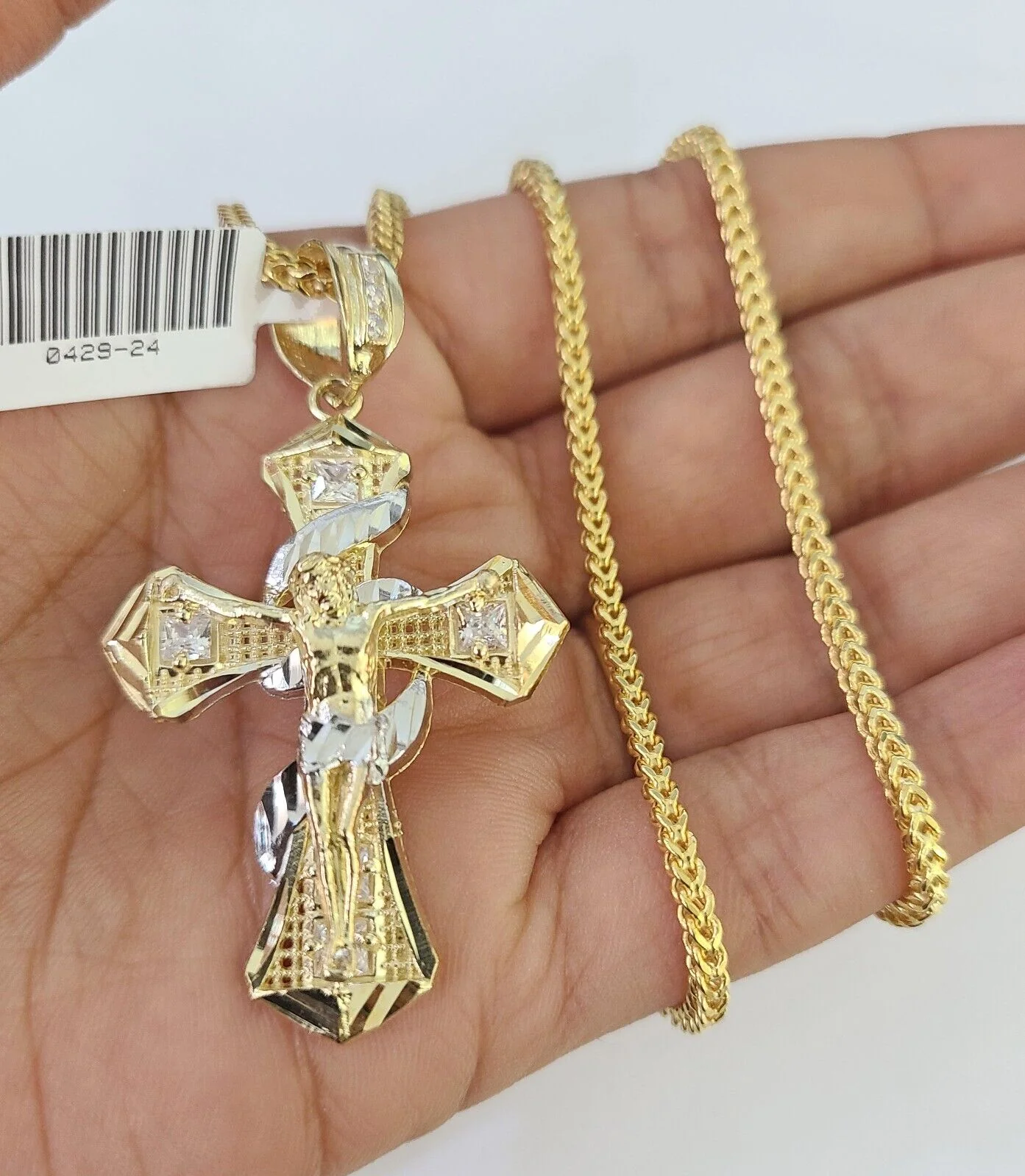 10K Gold Franco Chain Jesus Cross Charm Pendant 20-26 inches 2.5mm REAL Yellow - Image 3